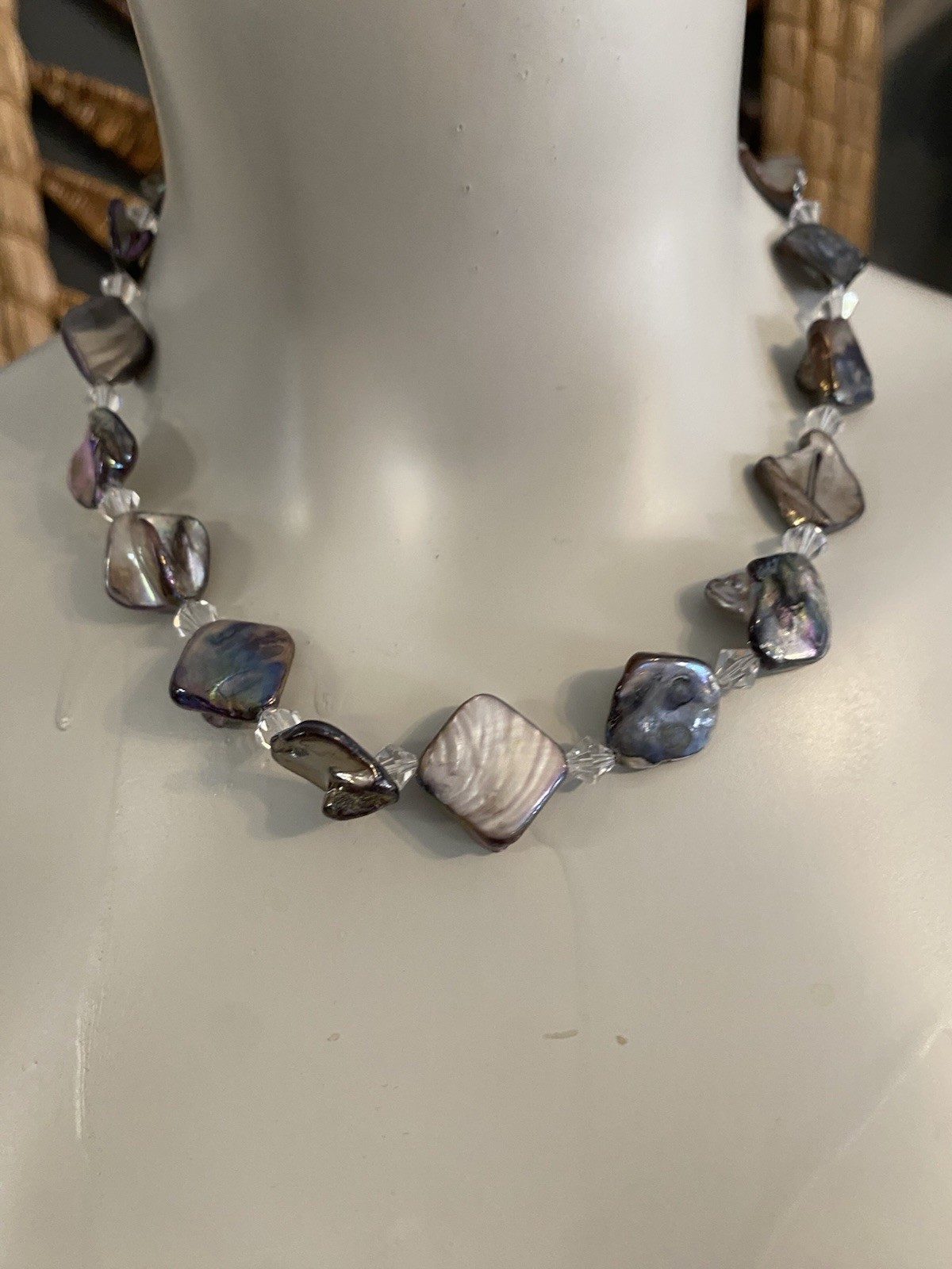 Necklace with Black Iridescent Natural Shell & Crystal Beads Choker