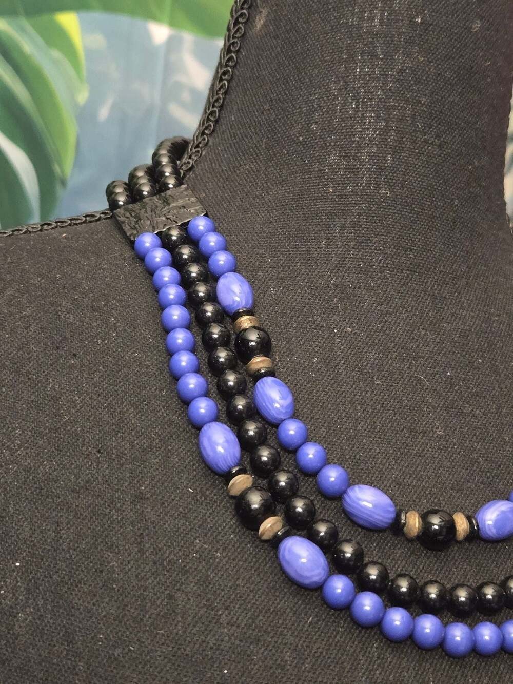 Vintage Multi-Strand Blue and Black Bead Necklace with Adjustable Clasp