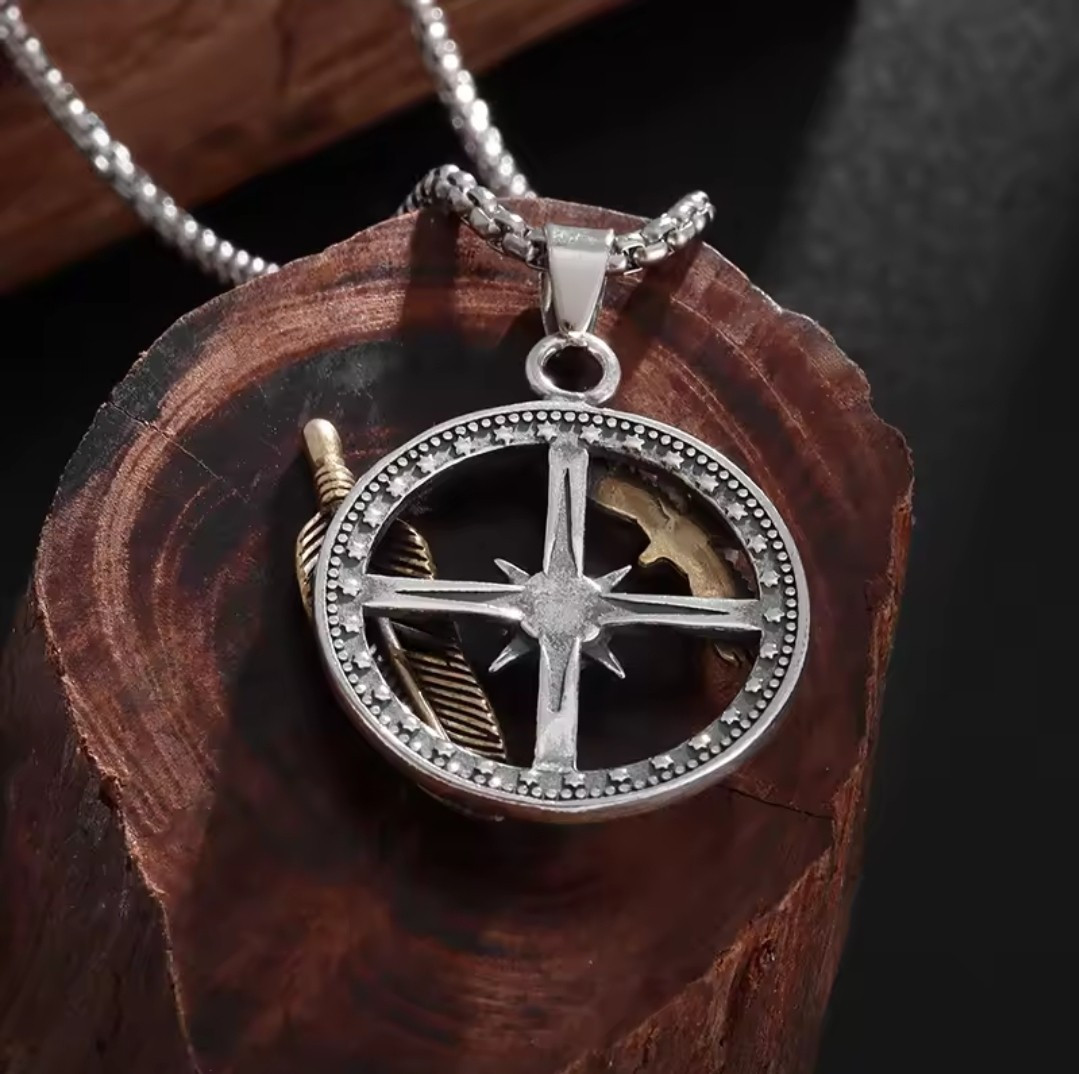 Men’s Fashion Feather Eagle Compass Pendant and 22″ Necklace 5-2B