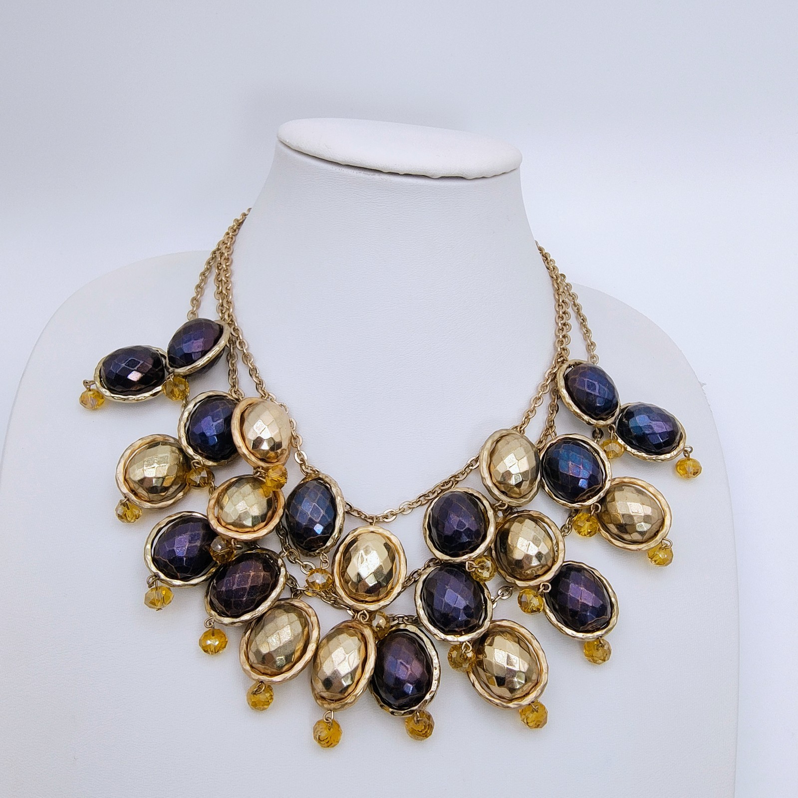 Hammered Bead Bib Statement Necklace Gold Tone Plum Purple Chunky Maximalist