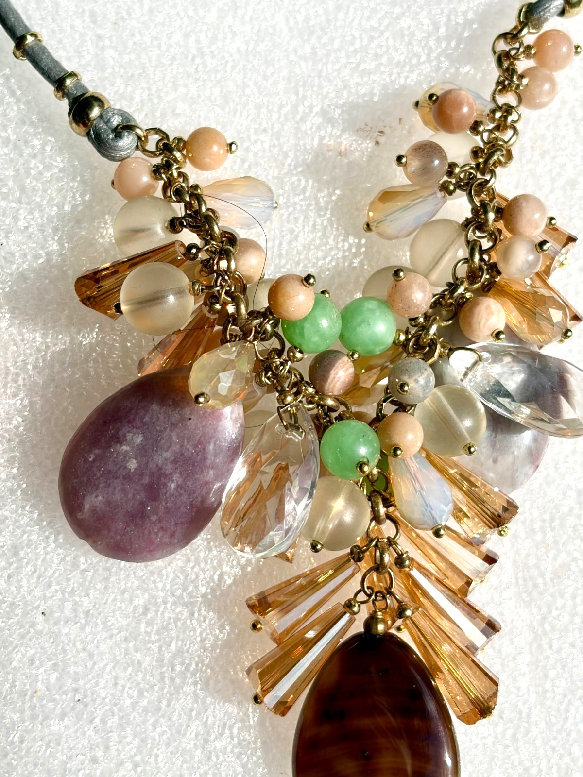 Anthropologie Nakamol Beaded Necklace Crystal Rhinestone Natural Stone Drops
