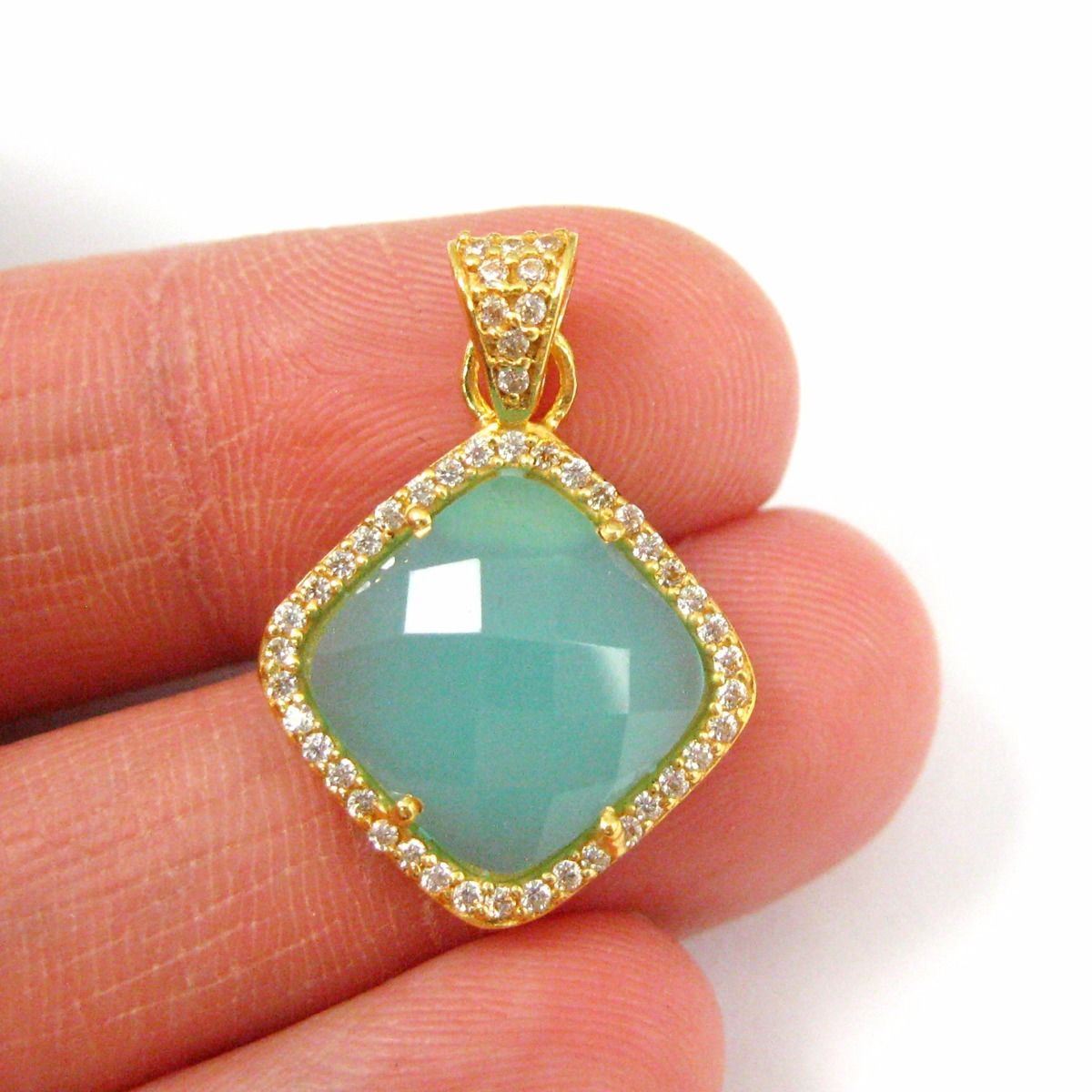 Vermeil Gold Peru Chalcedony Plated Bezel Gem Pendant,Cubic Zirconia Pave 17mm