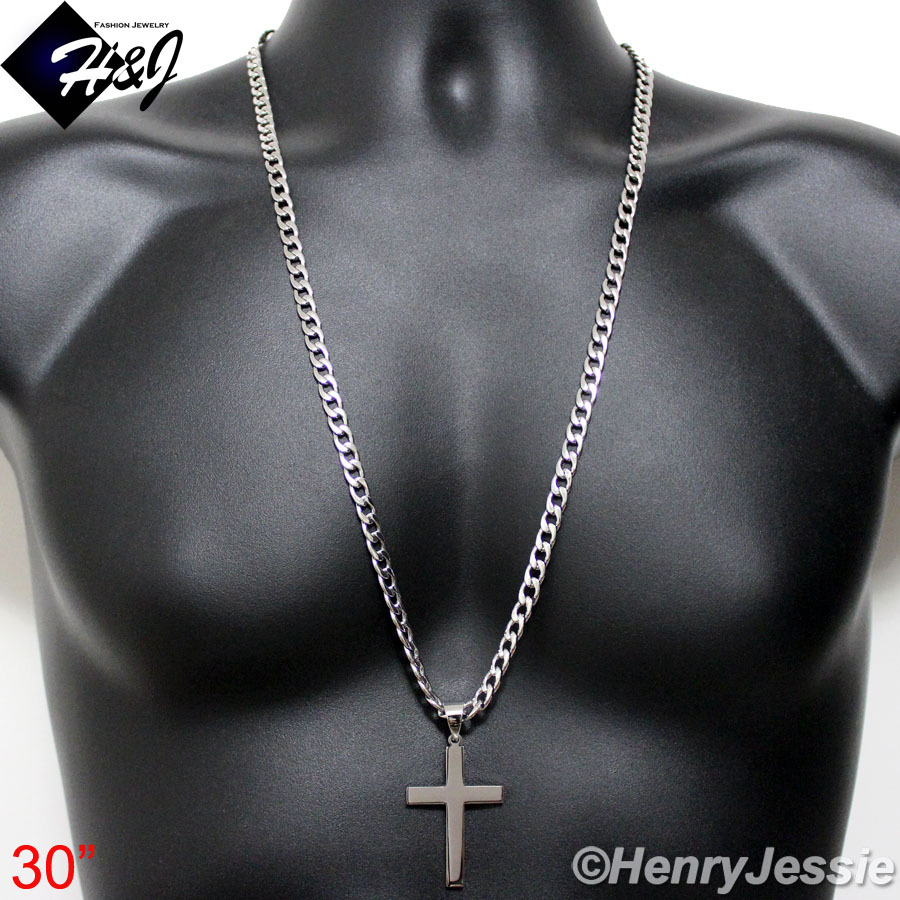 18-40″MEN Stainless Steel 4/5/6/7mm Silver Curb Necklace Plain Cross Pendant*P64