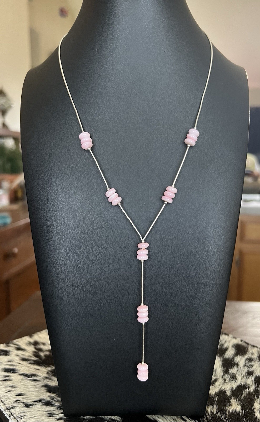 Pink Conch & Sterling Liquid Silver Lariat Necklace 18”