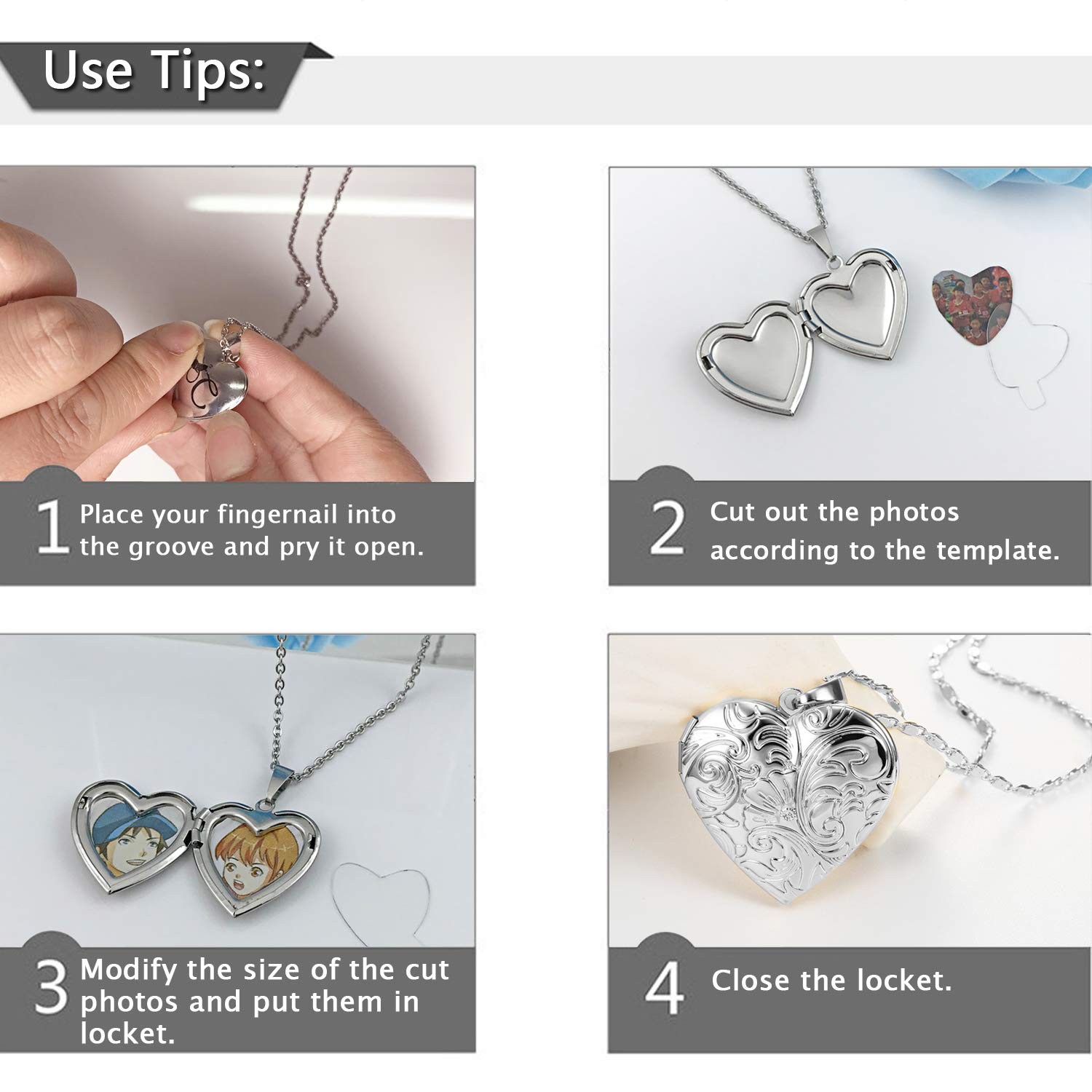 Locket Necklace that Holds Pictures Flower Lockets 50cm, Silver Heart