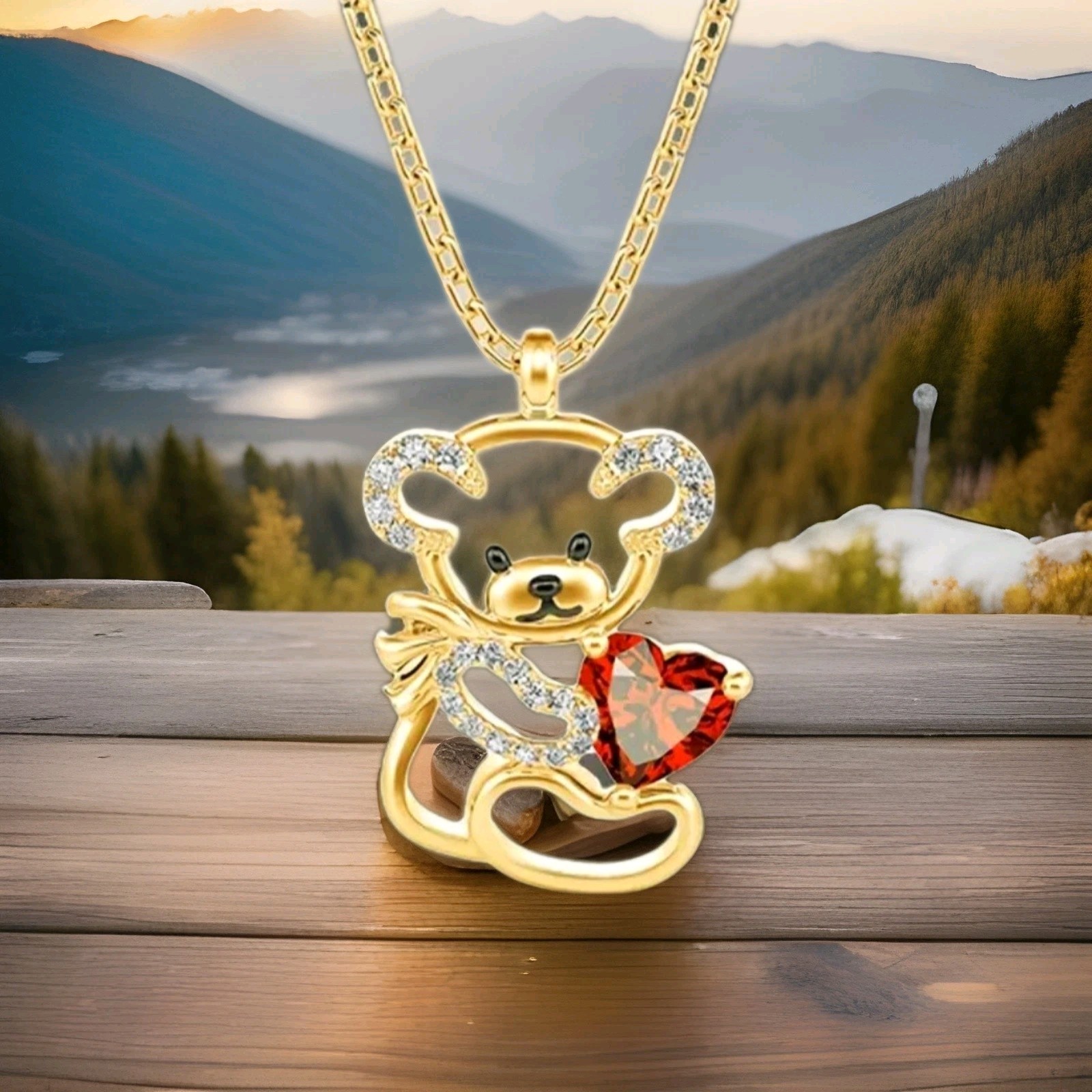 Valentine’s Day Gift Heart Bear Love Gold Red Heart Y2K Dainty Golden Pendant