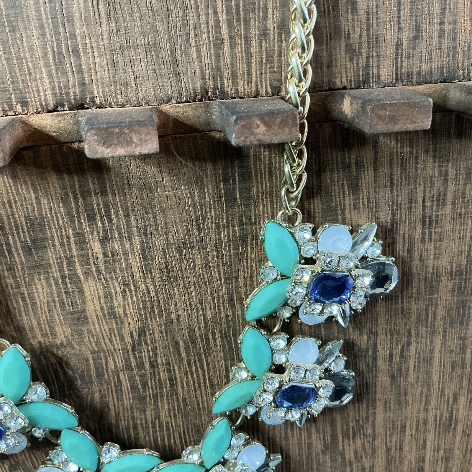 Gold Tone Blingy Statement Collar Necklace Crystal Accents Green Blue Clear