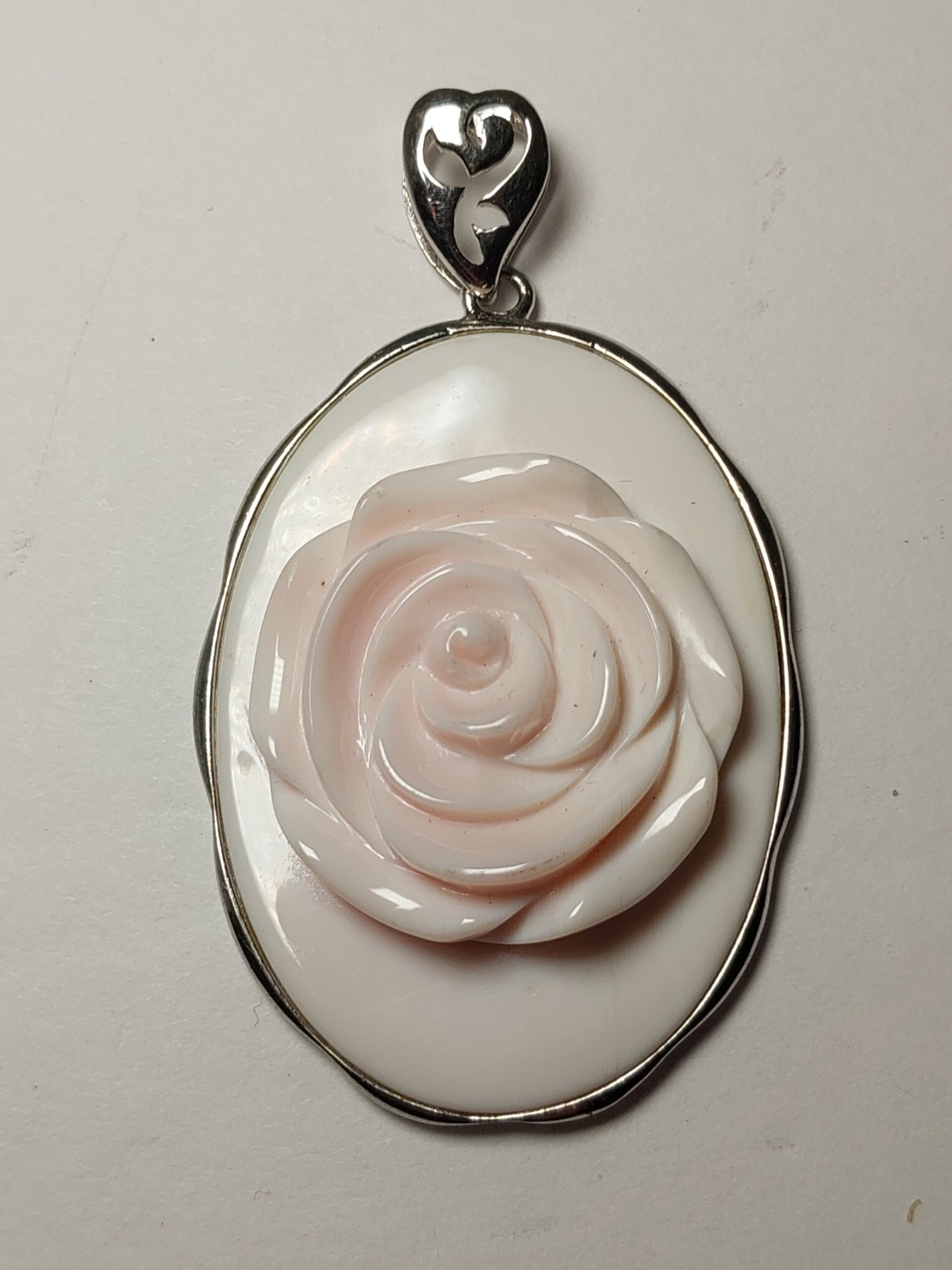 Pink Conch Shell Rhodium Over Sterling Silver 925 Fancy Rose Pendant Large