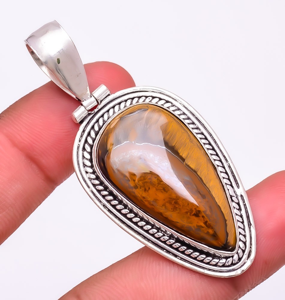 Natural Tiger’S Eye Gemstone 925 Silver Plated Jewelry Pendant 2.4″ F2657