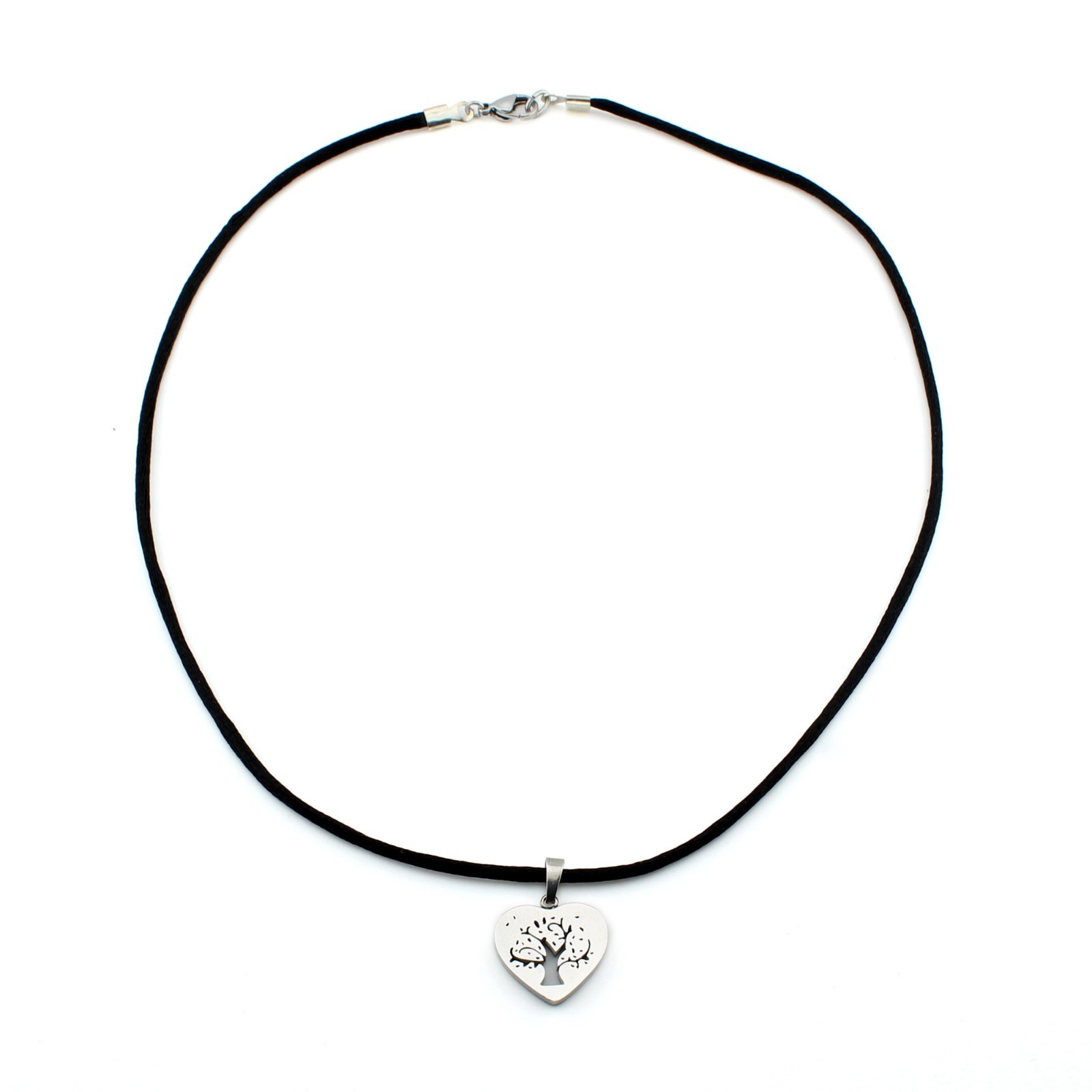 Stainless Steel Tree of Life Heart Pendant Necklace on Black Satin Silk Cord