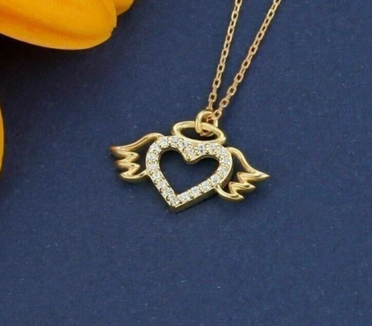 Women Heart Wing Pendant Necklace Round Simulated Diamond 14K Yellow Gold Plated