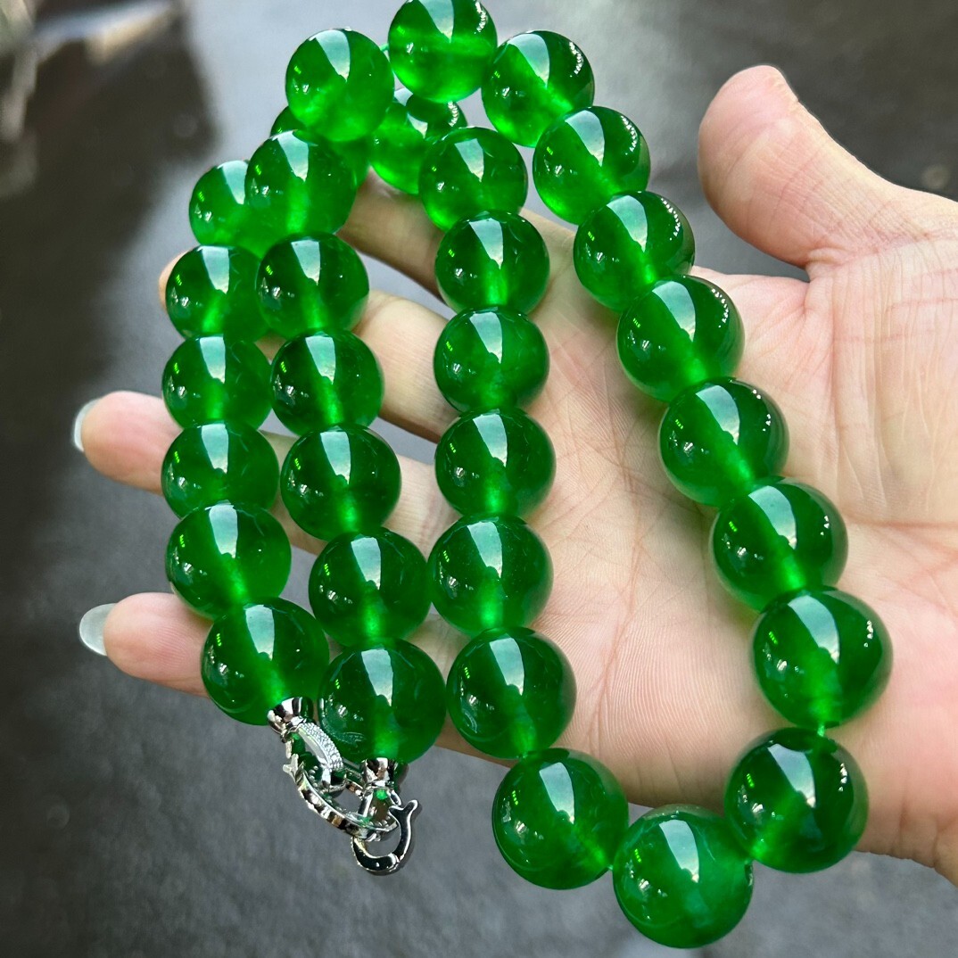 17mm Real Natural Perfect Ice Green Myanmar Beads Jade jadeite Necklaces