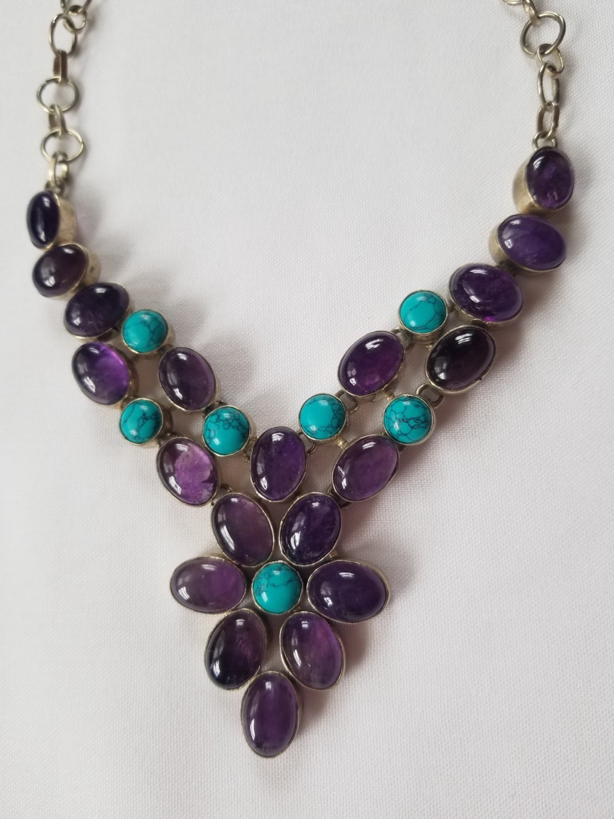 Multi Gemstone Flower Bib Statement Necklace Silver Amethyst Turquoise Handmade