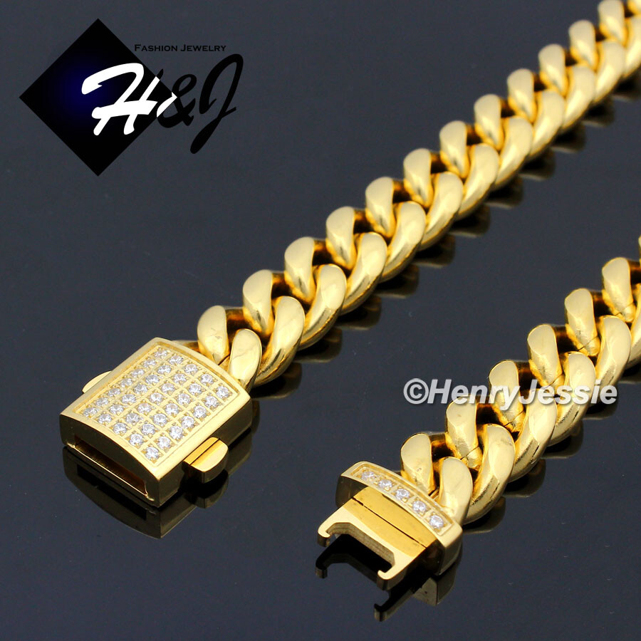 18″-40″Stainless Steel 7/10/12mm Silver/Gold Plated CZ Cuban Curb Necklace*N165