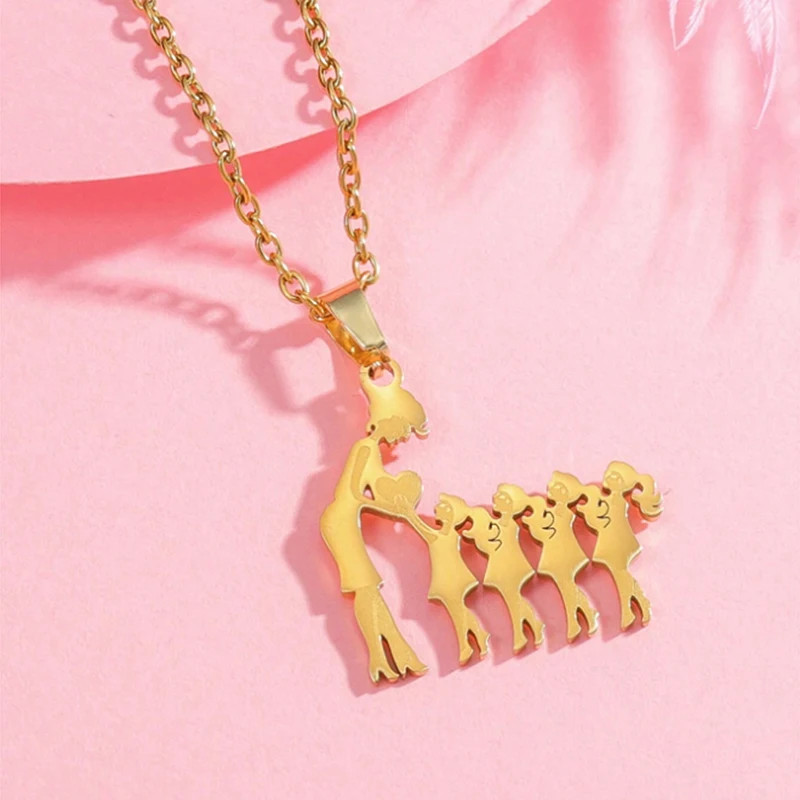 Mother Child Heart Necklace Stainless Steel Family Figure Pendant Jewelry