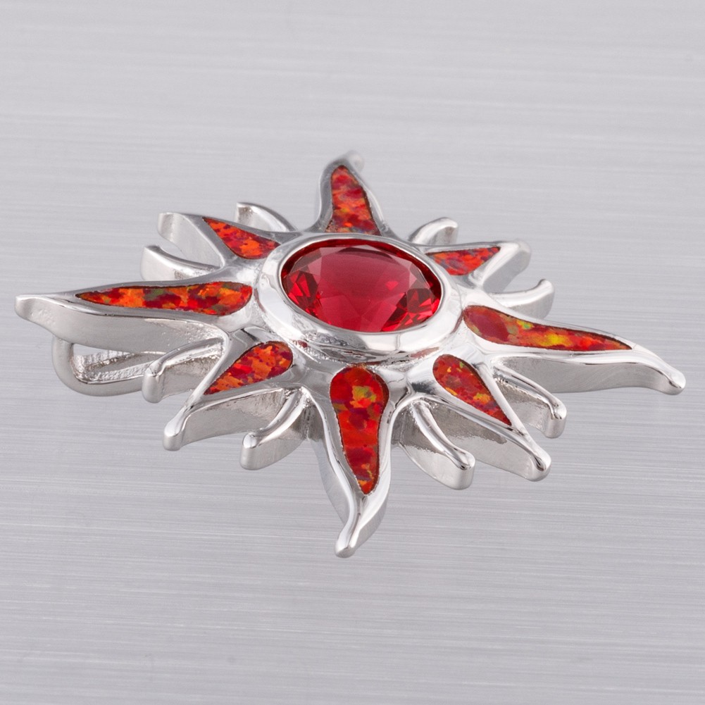 Starburst Simulated Ruby Red Fire Opal Silver Filled Jewelry Necklace Pendant