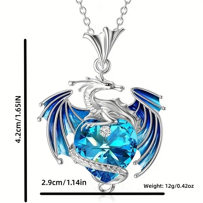 Blue Crystal – Silver Tone Chain – Dragon Necklace Pendant