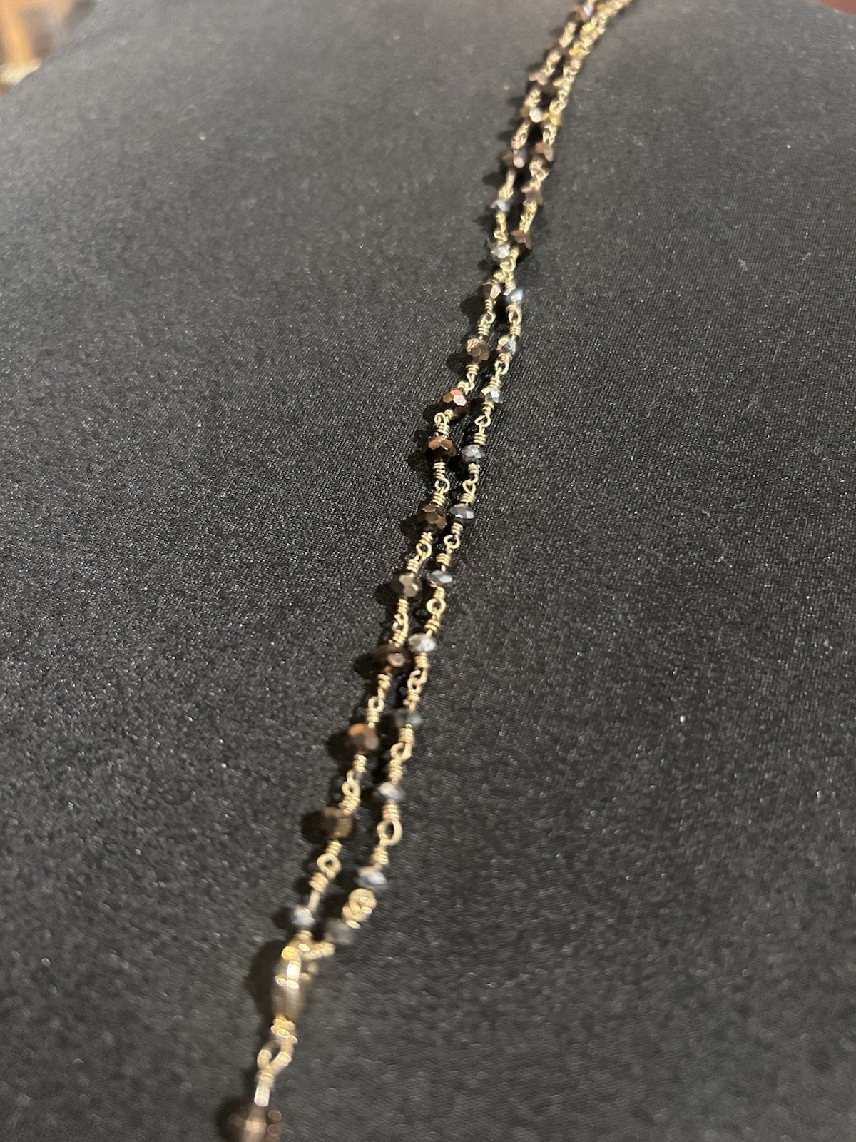 Gold Tone Beaded Chain Necklace Black & Brown Beads Tassel Fringe Pendant