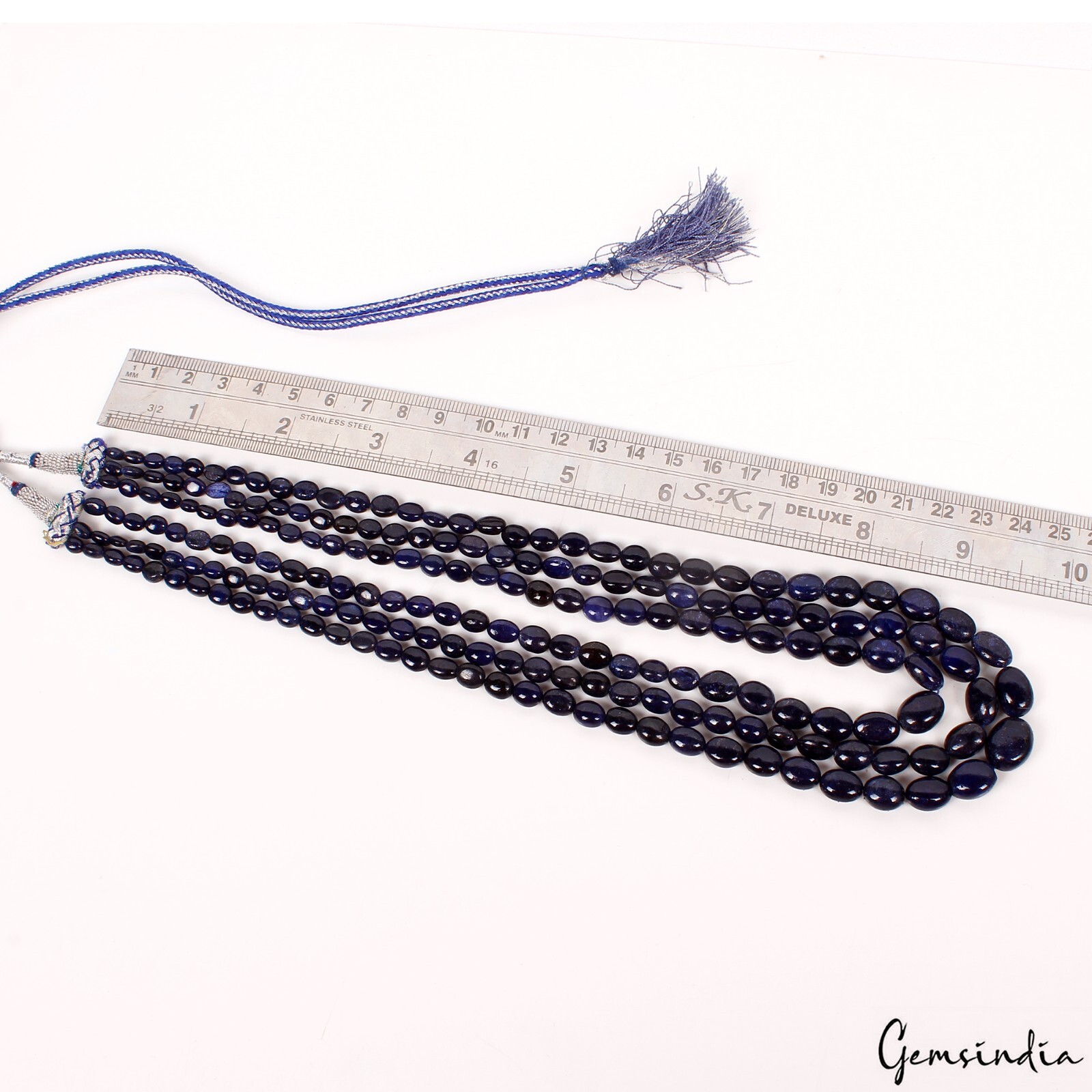 Natural Dark Blue Sapphire Oval Beaded 3 Strand Adjustable Necklace Jewelry 22″