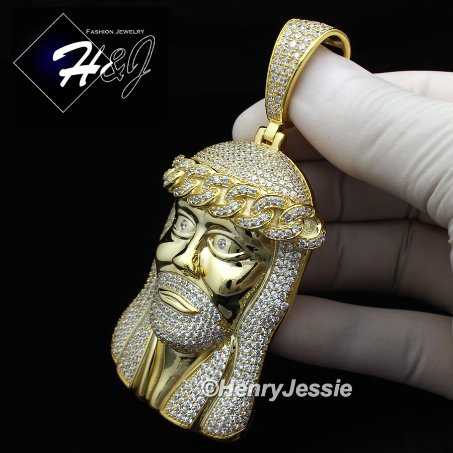 MEN 925 STERLING SILVER ICY BLING CZ OVERSIZE GOLD PLATED 3D JESUS PENDANT*GP242
