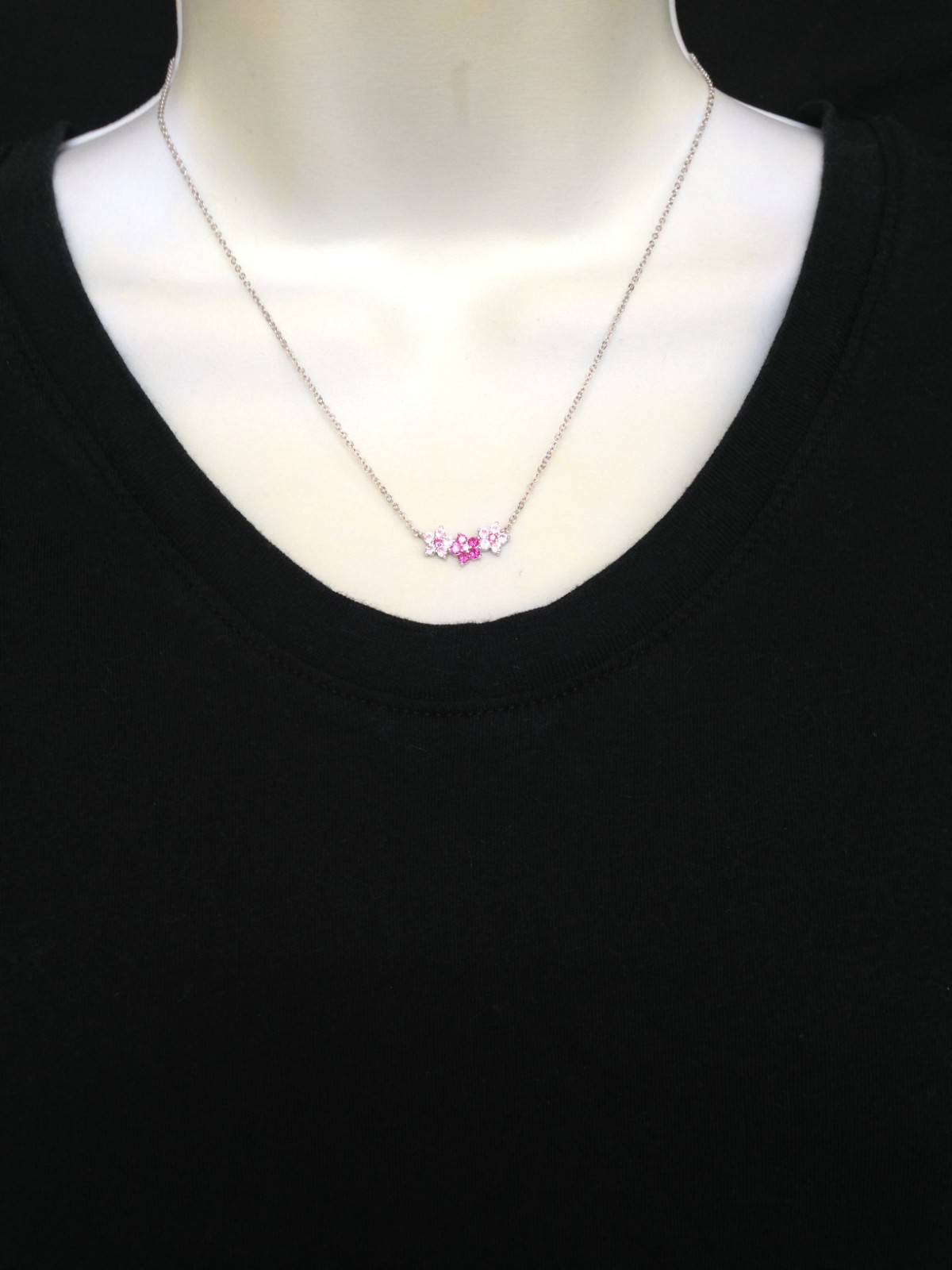 925 Sterling Silver CZ Triple Pink Flower Pendant Necklace Women Girl 16mm 17.5″