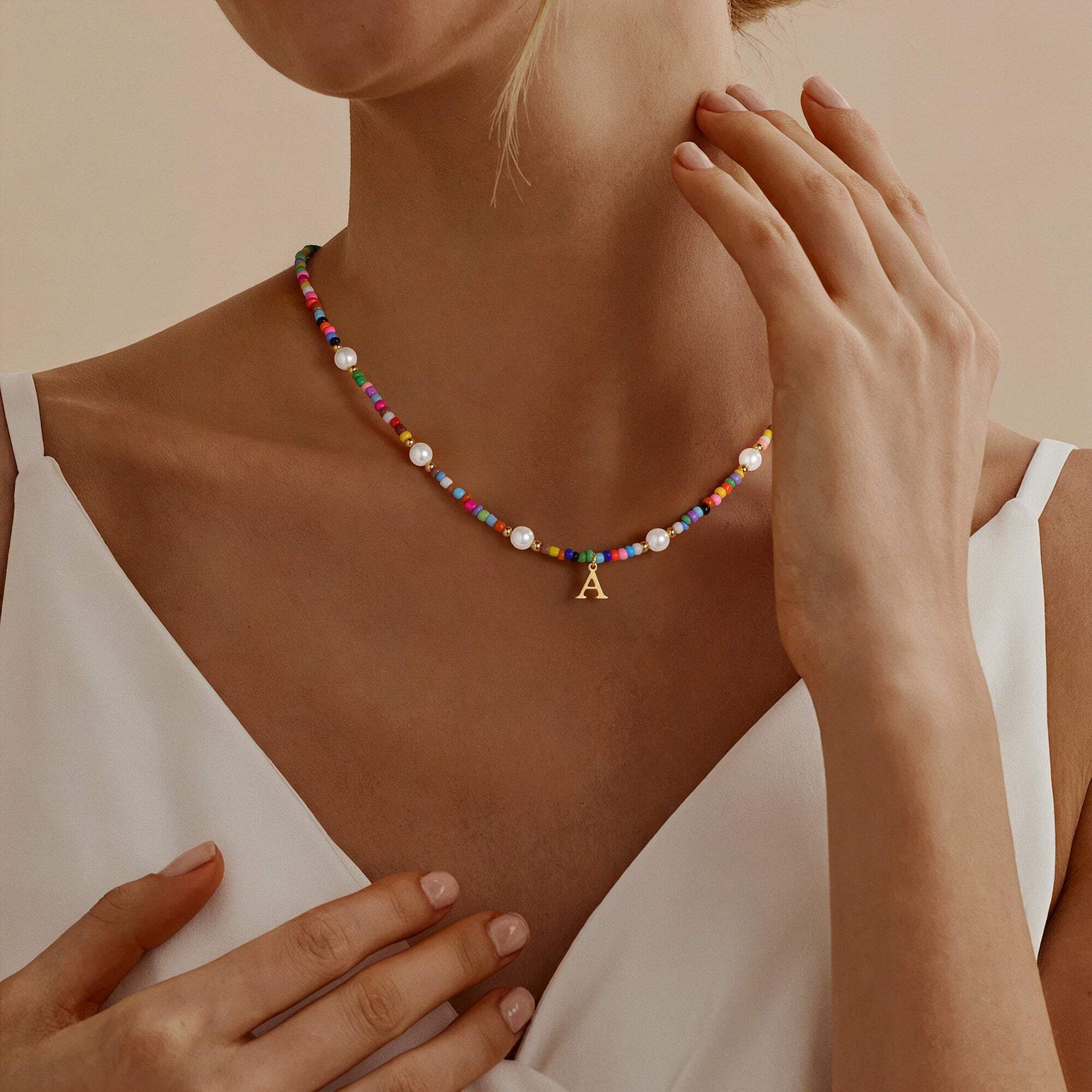 Turandoss Pearl Beaded Choker Initial Necklace for Women Girl Birthday, 15+2.5In