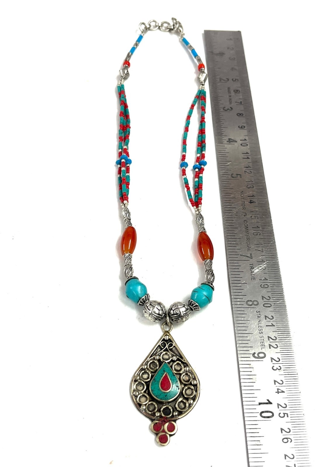 Ethnic Turquoise Carnelian Gemstone Tibetan Necklace Jewelry, 16 Inc Adjst