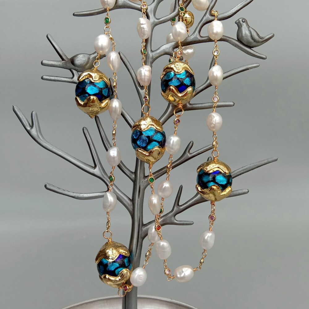 33″ Cultured White Baroque Pearl Blue Murano Glass Rosary Chain Long Necklace