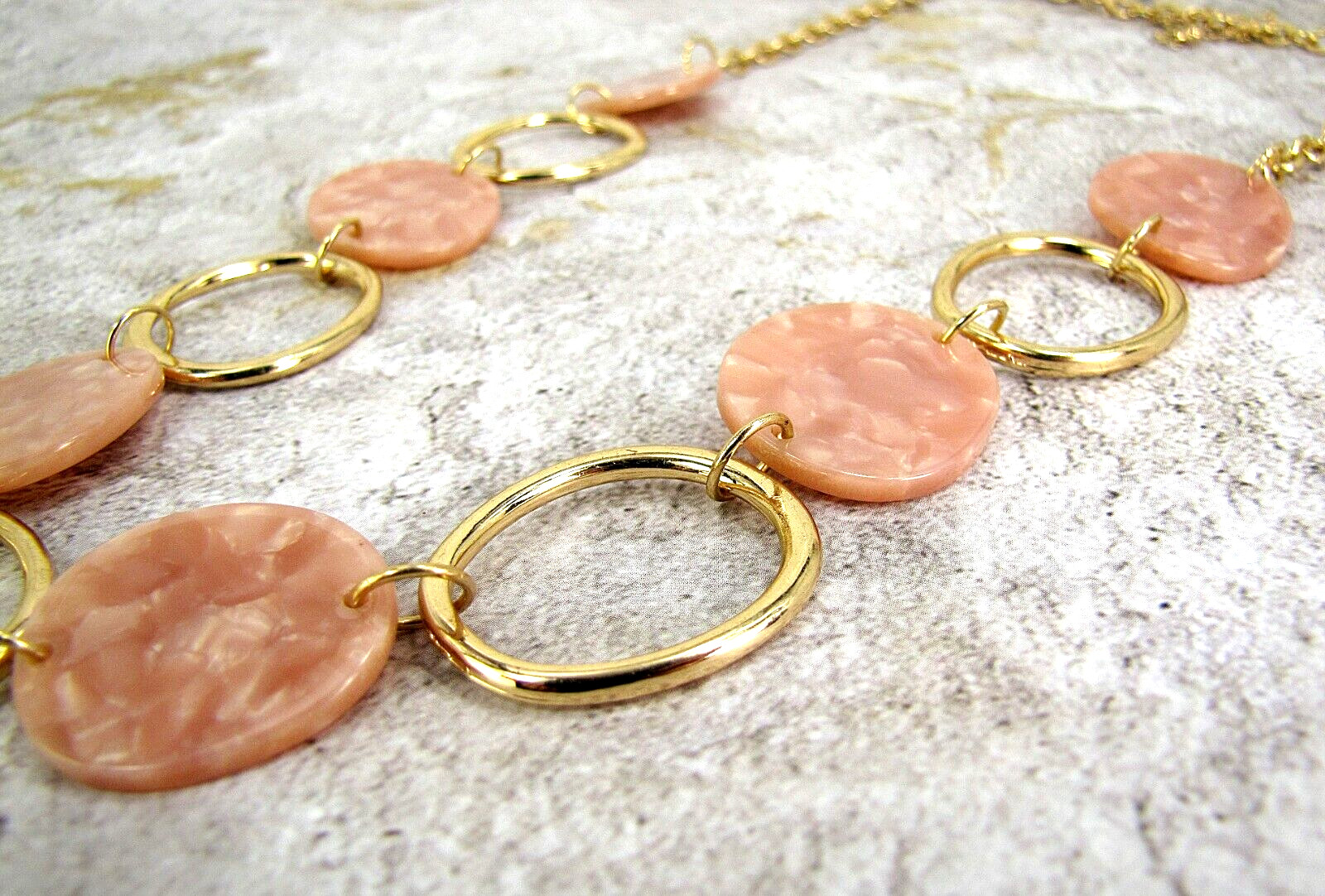 Pink and gold link necklace with pink flat marble look oval disk beads NEW