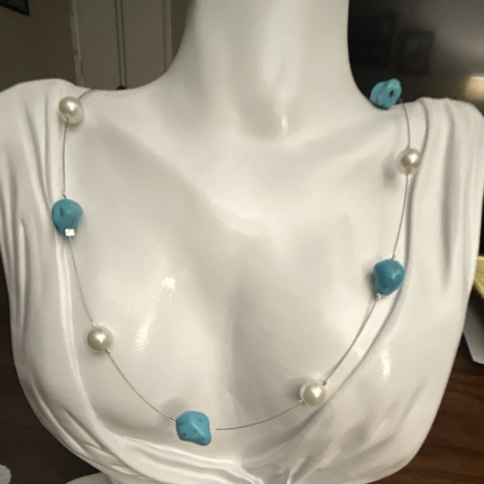 Faux Pearl & Blue Turquoise Beaded Station Wire Necklace Floral Toggle Clasp