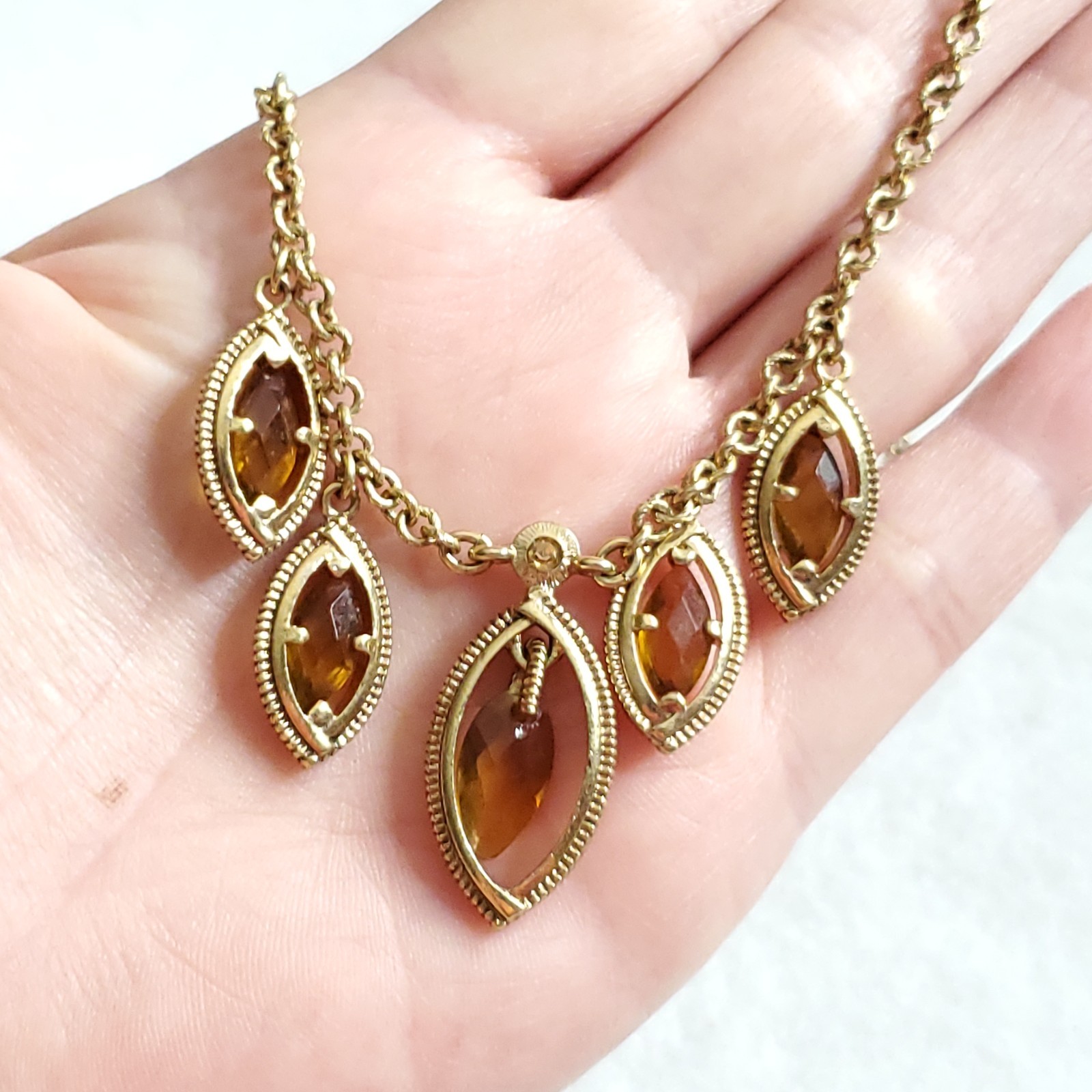 Monet Necklace Gold Tone Charm Dangles Faceted Yellow Glass 15-17.5″