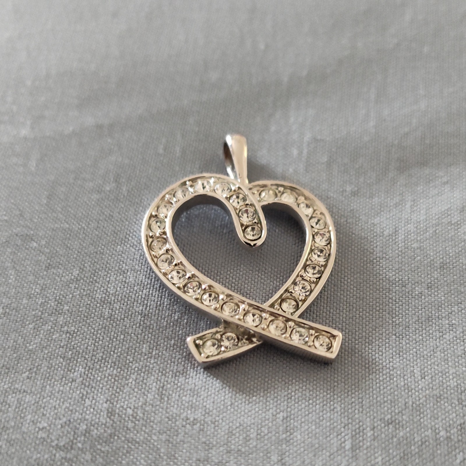 silver tone heart charm pendant pavé round crystal white/colorless love theme