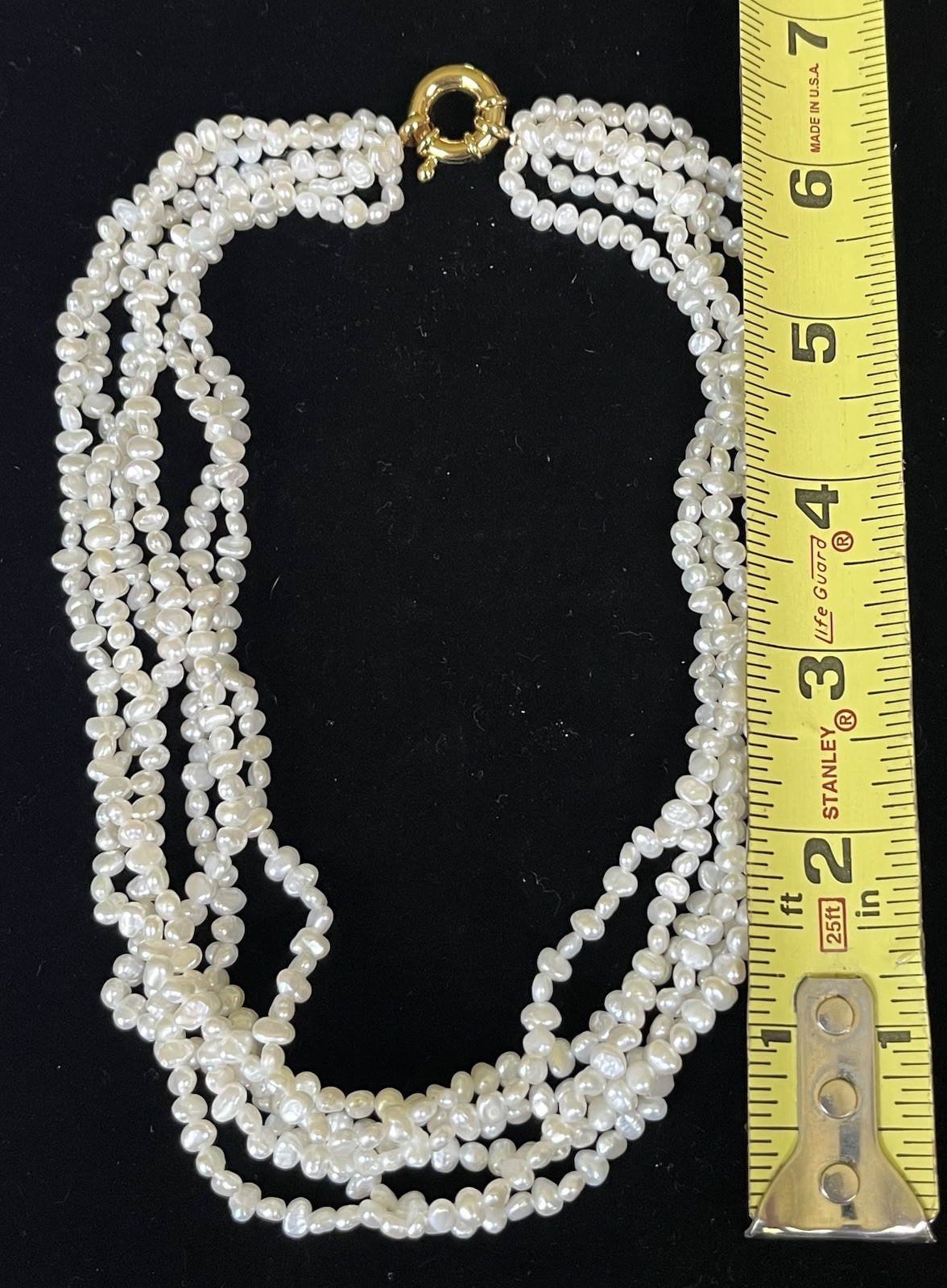 Multi-strand white baroque seed pearl bead necklace gold-tone spring ring clasp