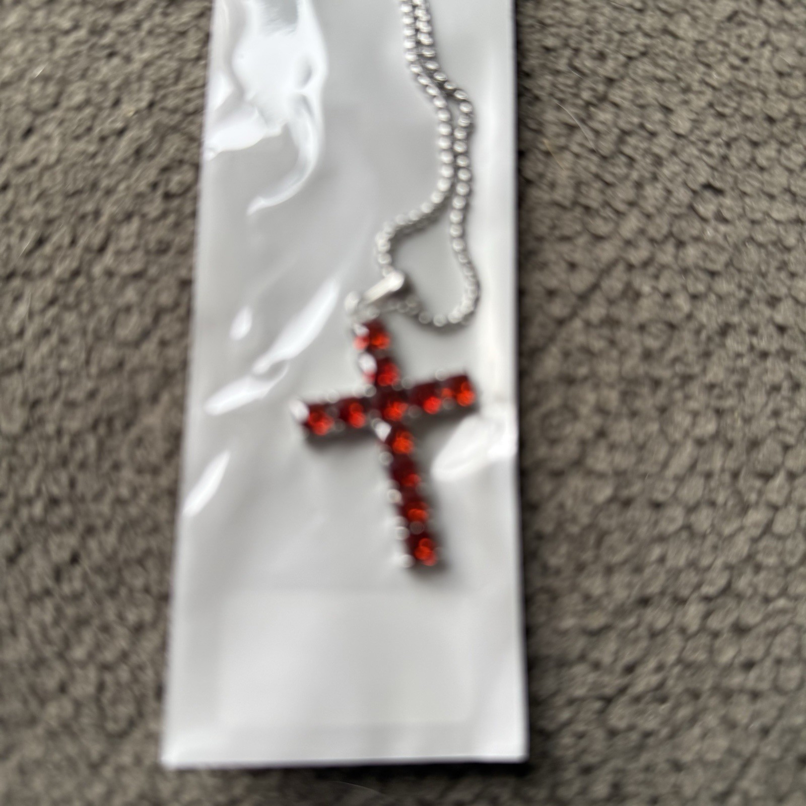 Silver Tone Stainless Steel Box Chain Necklace Red Crystal Cross Pendant Prong