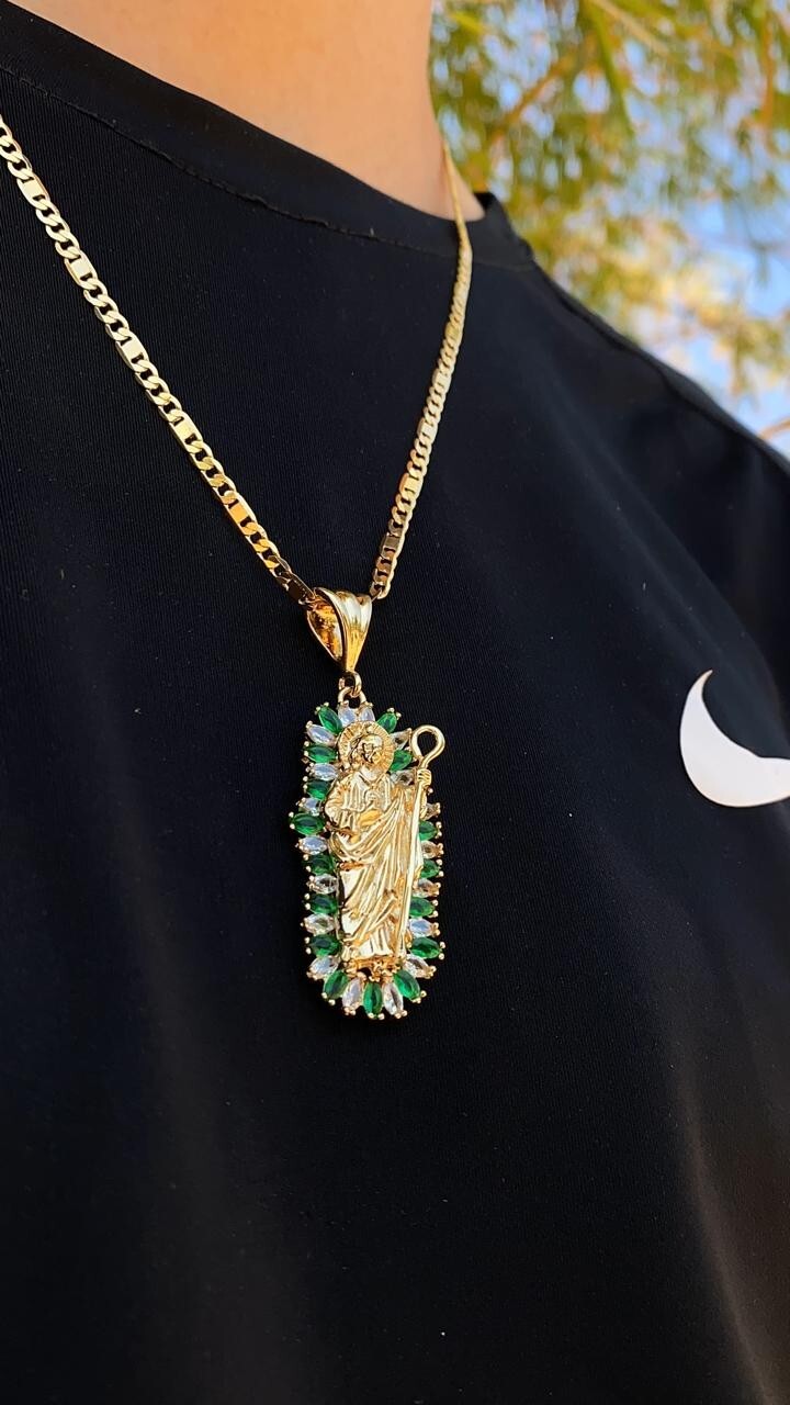 San Juditas CZ Necklace 24″ Figaro Valentino Chain Pendant Mens Adults Cadena