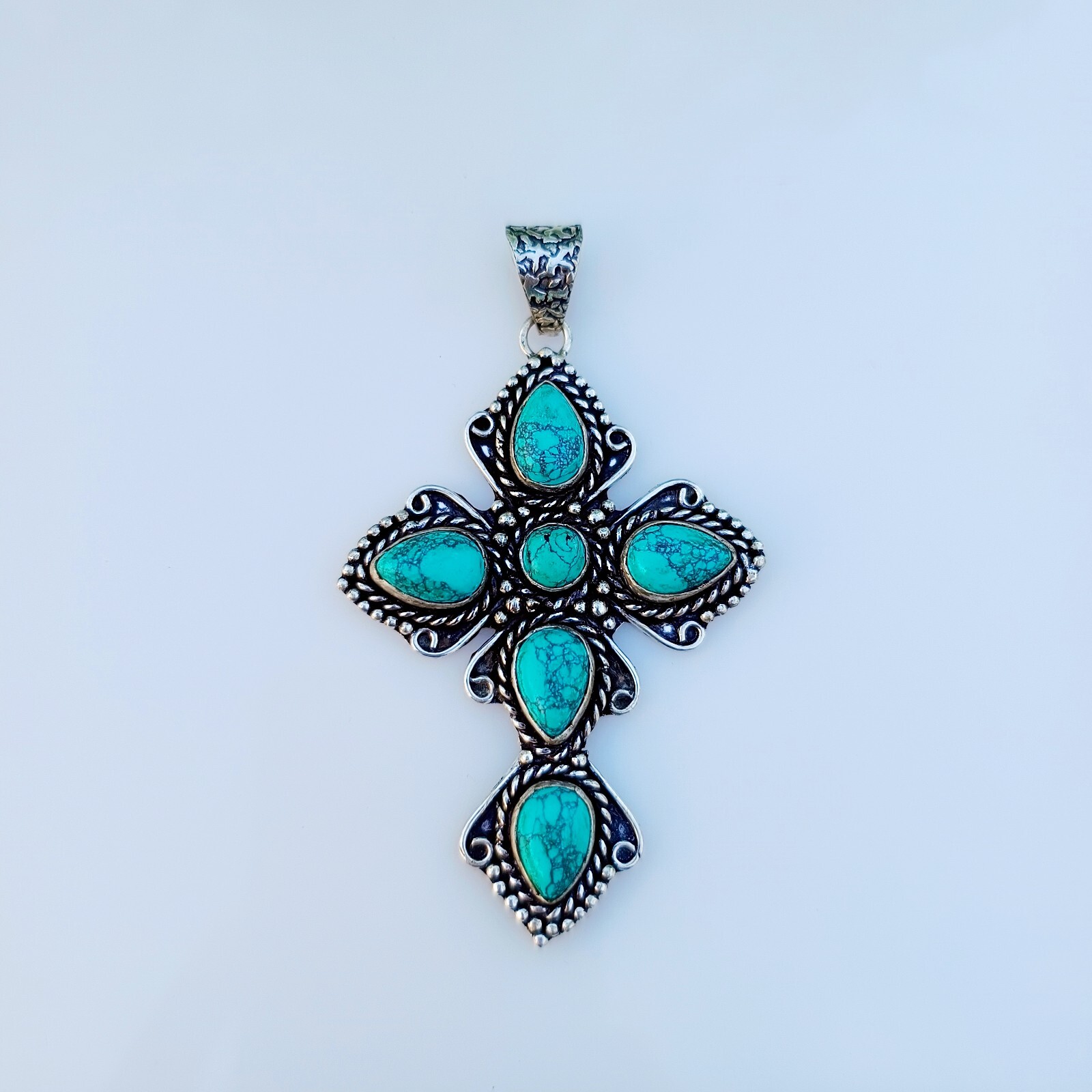 Turquoise Cross Pendant 925 Sterling Silver Handmade Gemstone Jewelry 2.55″