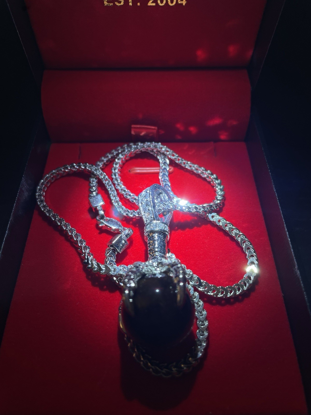 TraxNYC 925 Silver Diamond Eagle Claw Tiger Eye Pendant Franco Chain & Box