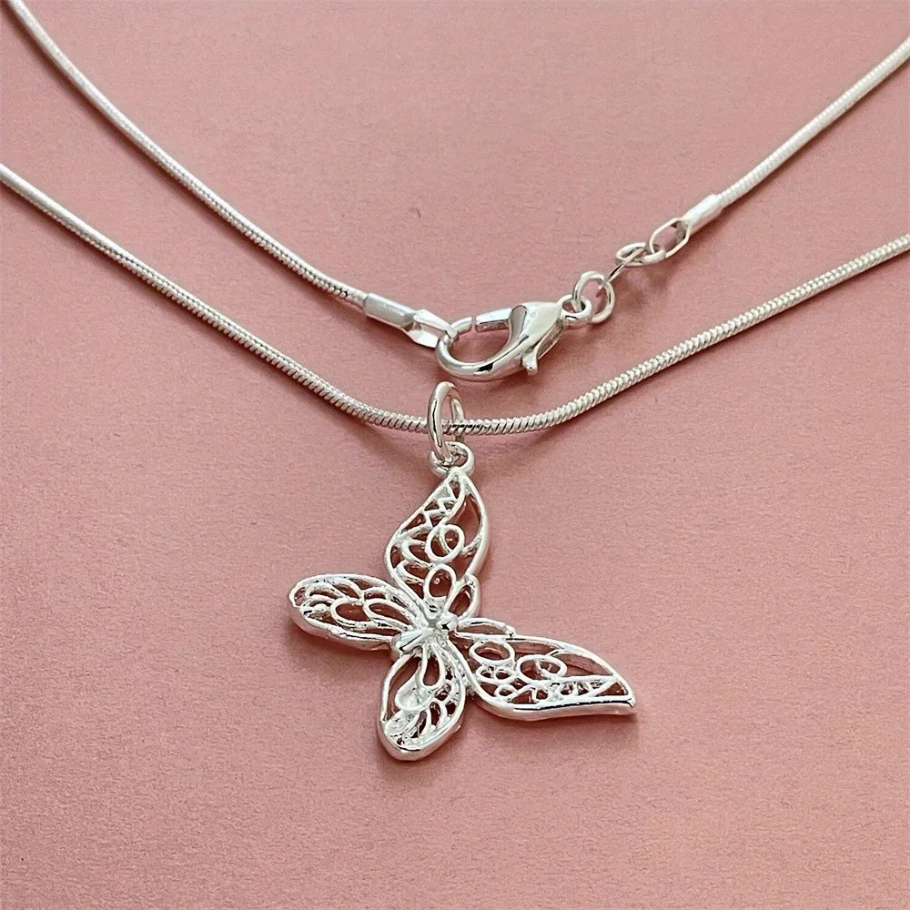 925 Sterling Silver K-pop Style Butterfly Necklace, with Snake Chain