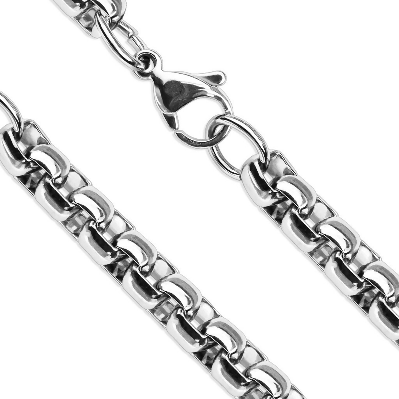 Rolo Chain Silver Stainless Steel Round Box Necklace 4mm 15-20-in Genderless