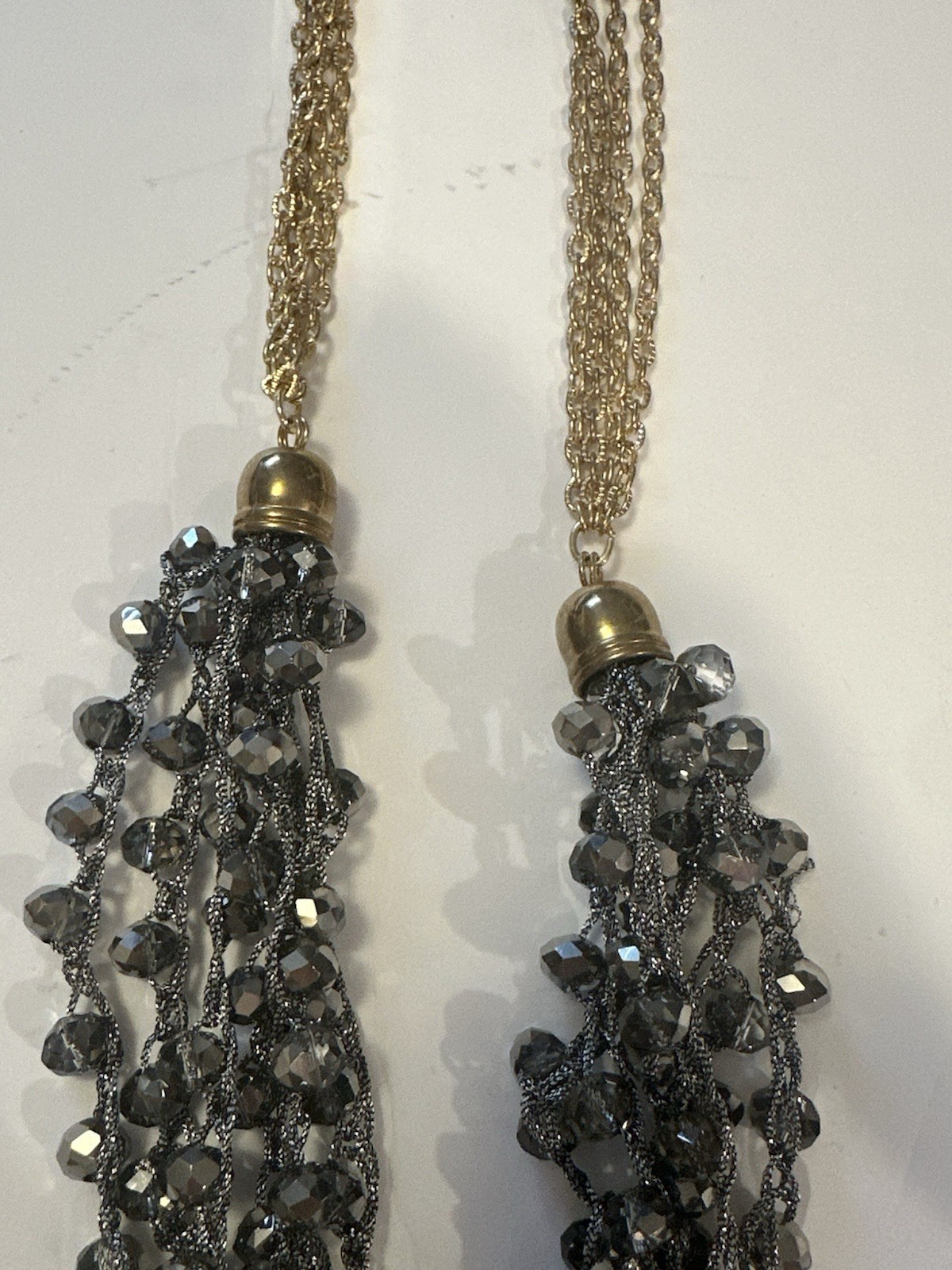 Smoky Gray Multi Strand Beaded Statement Necklace Gold Tone Boho Waterfall Bib