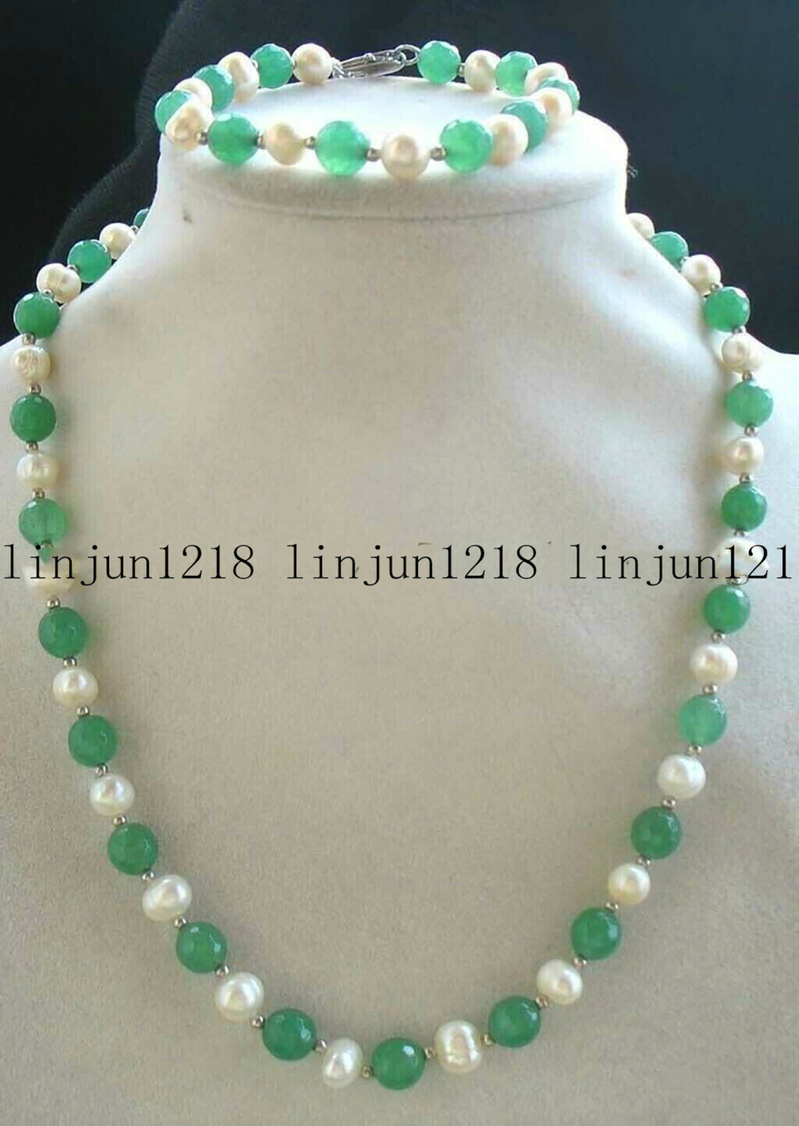 Natural 7-8mm White Freshwater Pearl & 8mm Faceted Green Jade Necklace Bracelet