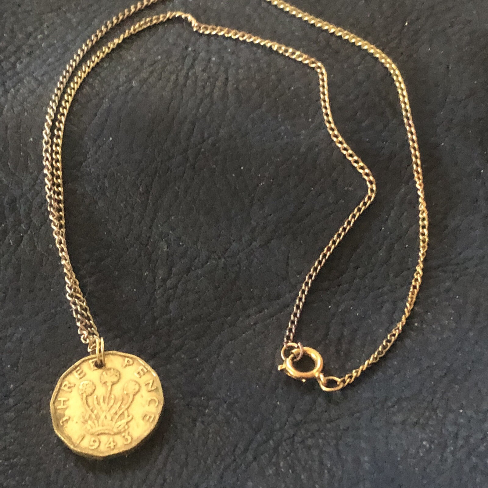 Vintage 1943 Three Pence Coin Pendant London King George VI WWII Necklace