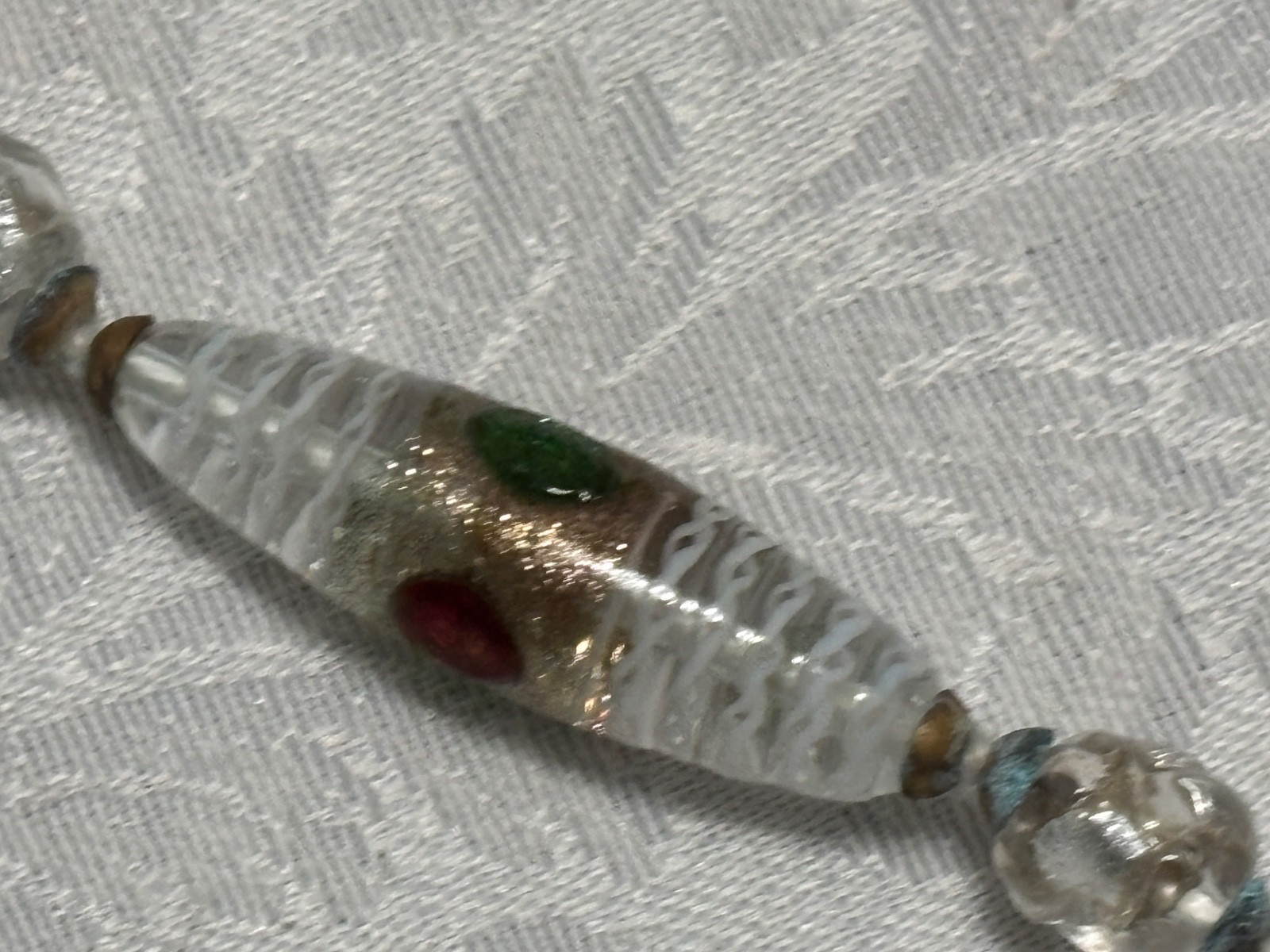 Venetian Glass Beads NECKLACE 30″ White Red Green Silver Handcrafted Italy Boxed