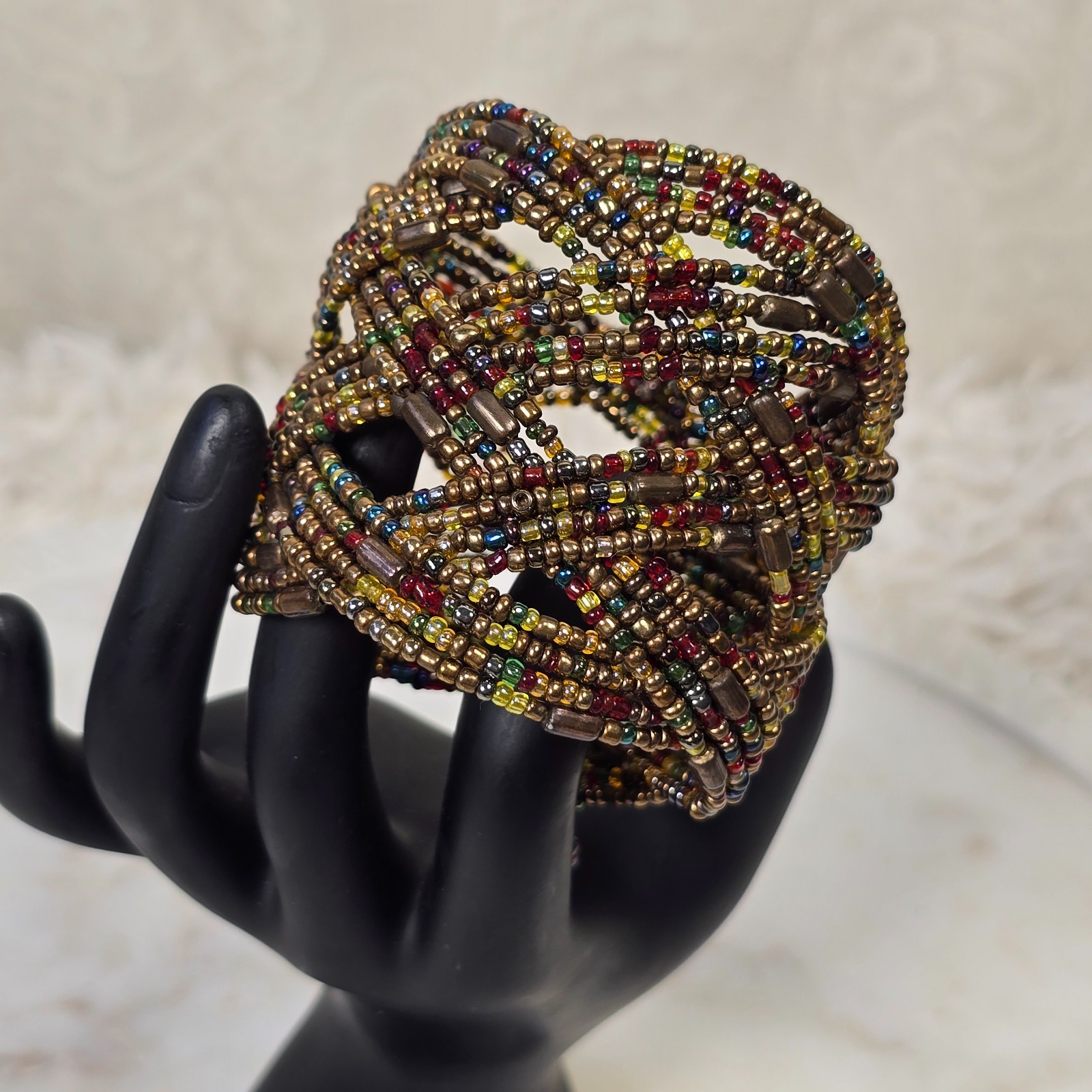 Vintage Handmade Artisan Beaded Braided Cuff Bracelet