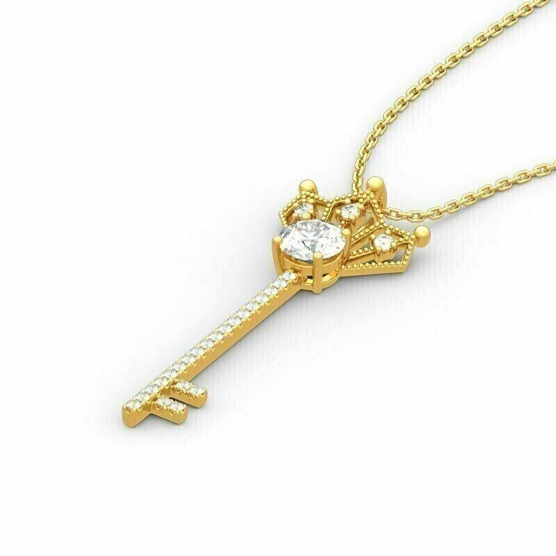 1.20Ct Round Cut Simulated Diamond Key Charm Pendant In 14k Yellow Gold Plated
