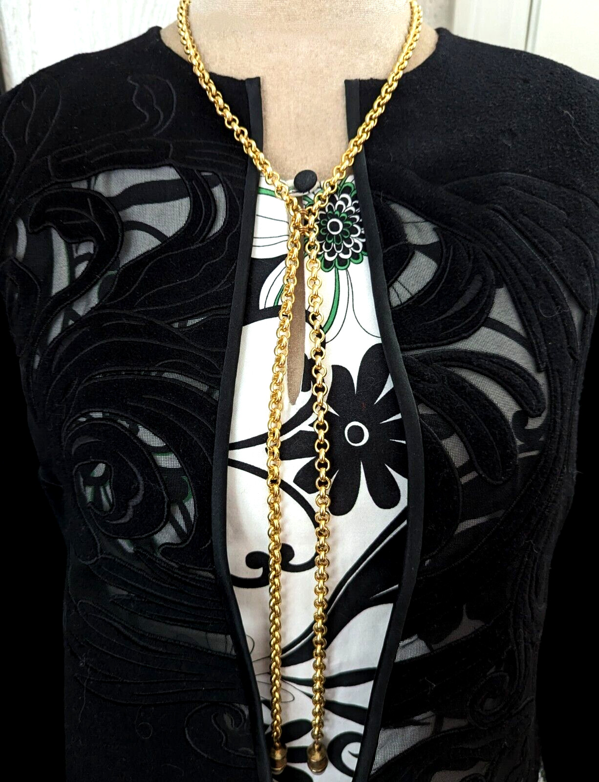Sylvia Benson Long Lariat Tassel Fringe Necklace Rolo Chain Bold Signed Jewelry