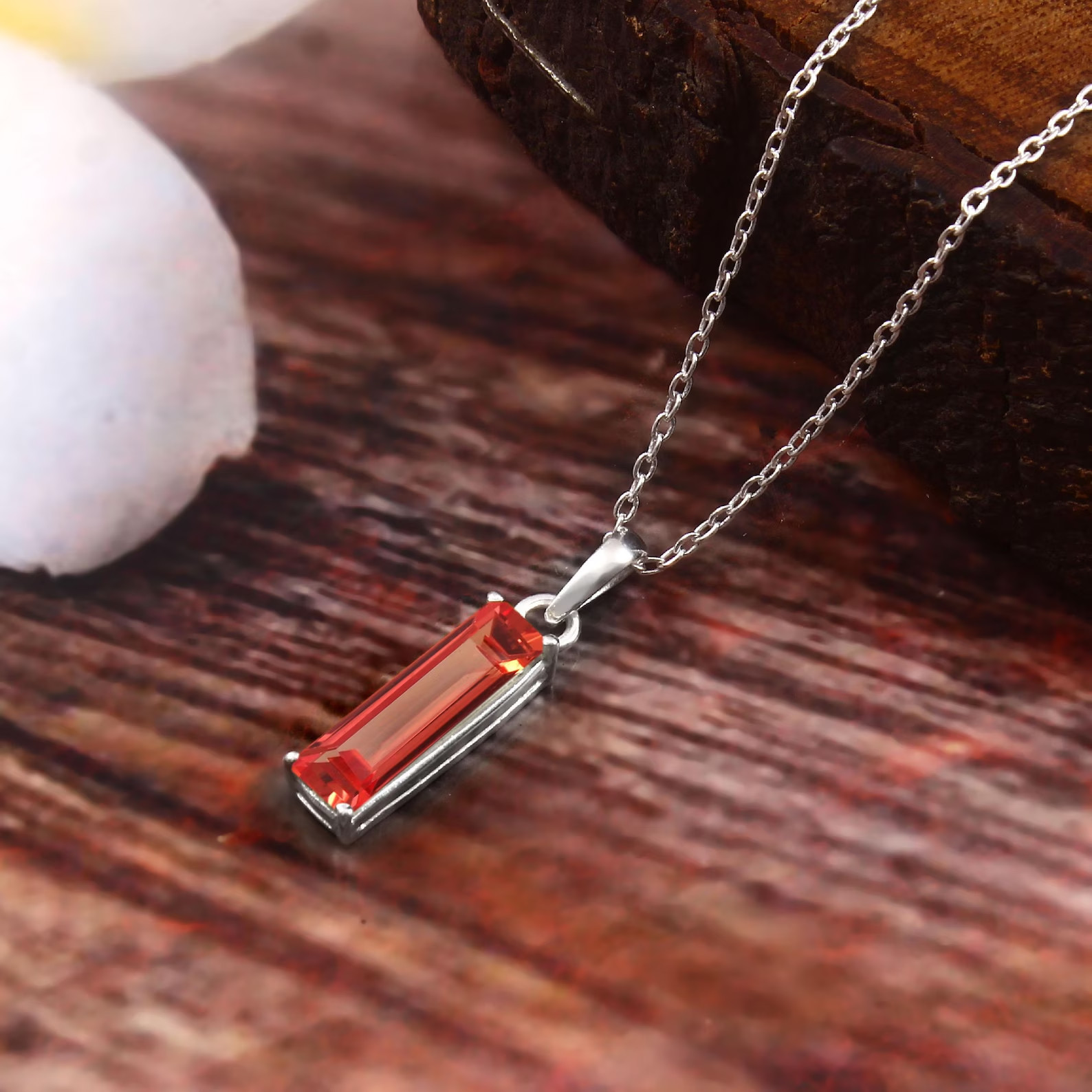 Flawless Ceylon Padparadscha Sapphire Baguette Pendant: Sterling Silver Charm