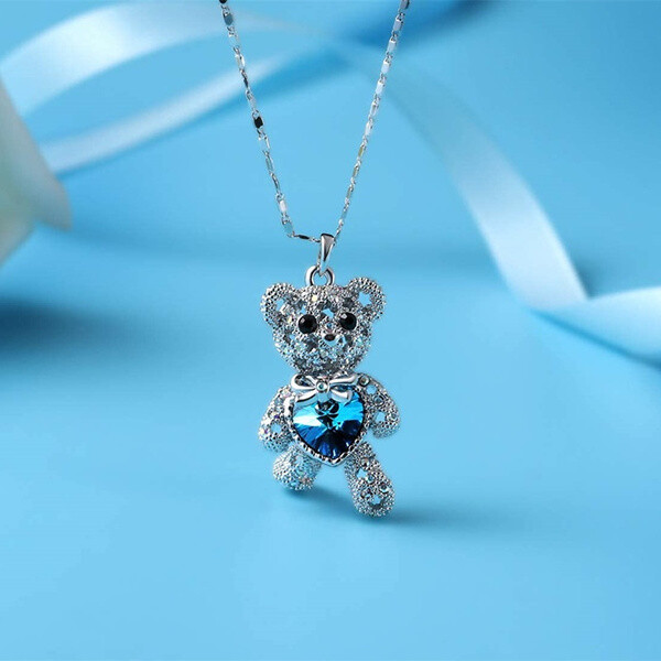 925 Sterling Silver I Love you Heart Blue Topaz Teddy Bear Pendant Necklace