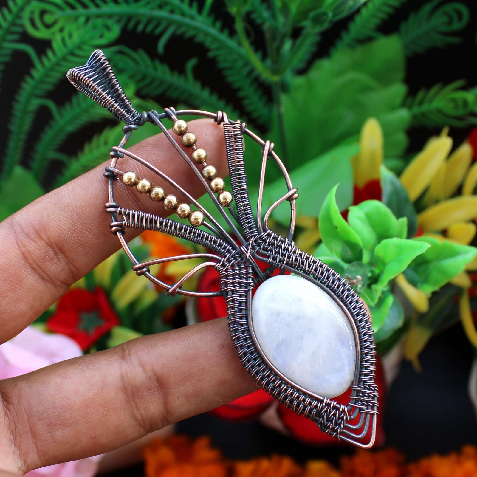 Rainbow Moonstone Pendant Copper Wire Wrapped Pendant Gemstone Wire Wrap Jewelry