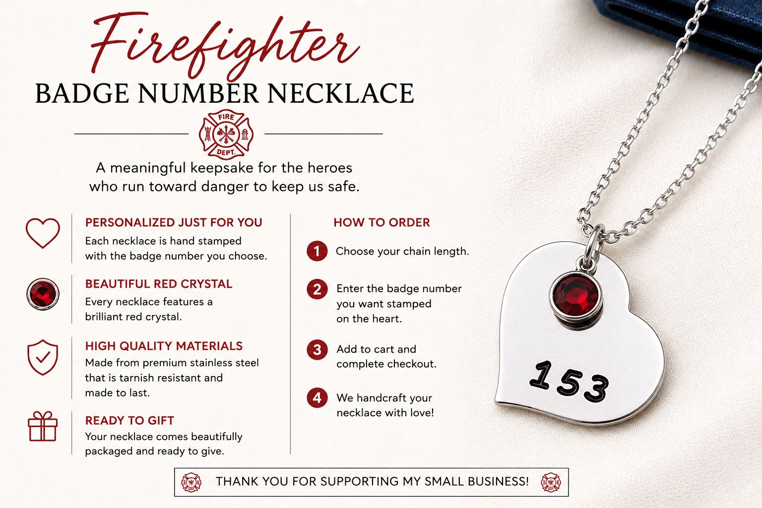 Fire Fighter Necklace with Badge Number, Personalized Firefighter Wife Jewelry